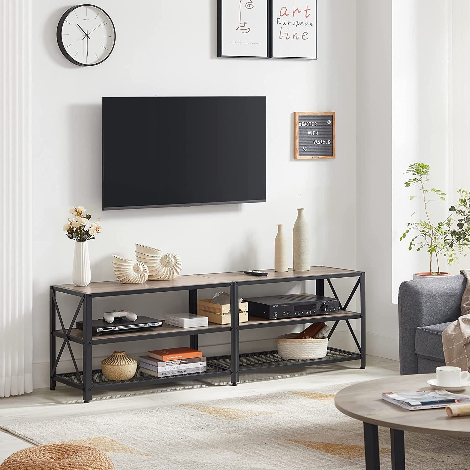 VASAGLE TV Stand for TV up to 65 Inches, TV Table, Entertainment Center, 3-Tier TV Console, Steel Frame, Industrial Style, for Living Room, Greige and Black ULTV094B02 3 VASAGLE TV Stand for TV up to 65 Inches, TV Table, Entertainment Center, 3-Tier TV Console, Steel Frame, Industrial Style, for Living Room, Greige and Black ULTV094B02 - Billede 3
