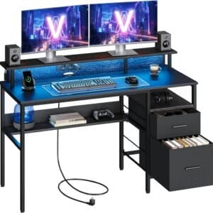 VASAGLE Desk with Fabric Drawers, Computer Desk with Monitor Stand, LED Lighting, 55 x 135 x 90 cm, Built-in Sockets, 2 USB-A Ports, for Home Office, Ebony Black LWD094B56