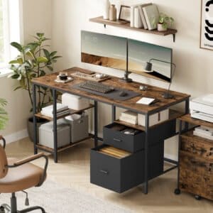 Computerbord, Kontorbord, med 3 hylder, 60 x 140 x 76 cm, Brun og Blæksort