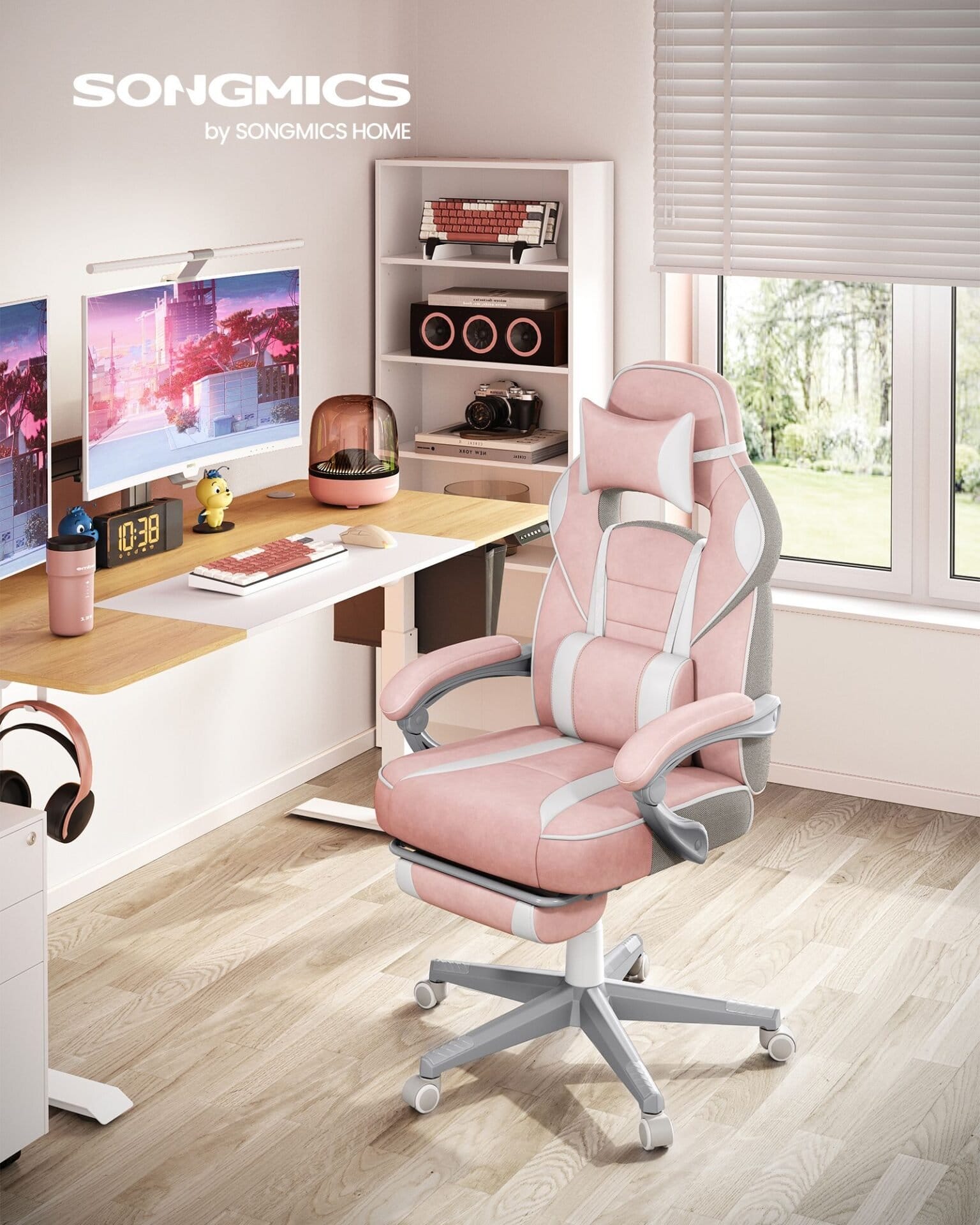 SONGMICS Office Chair, Gaming Chair, Adjustable, Telescopic Footrest, Rocker Mechanism, Headrest, Lumbar Support, Load 150 kg, Candy Pink and Cream White OBG073P01 2 SONGMICS Office Chair, Gaming Chair, Adjustable, Telescopic Footrest, Rocker Mechanism, Headrest, Lumbar Support, Load 150 kg, Candy Pink and Cream White OBG073P01 - Billede 2