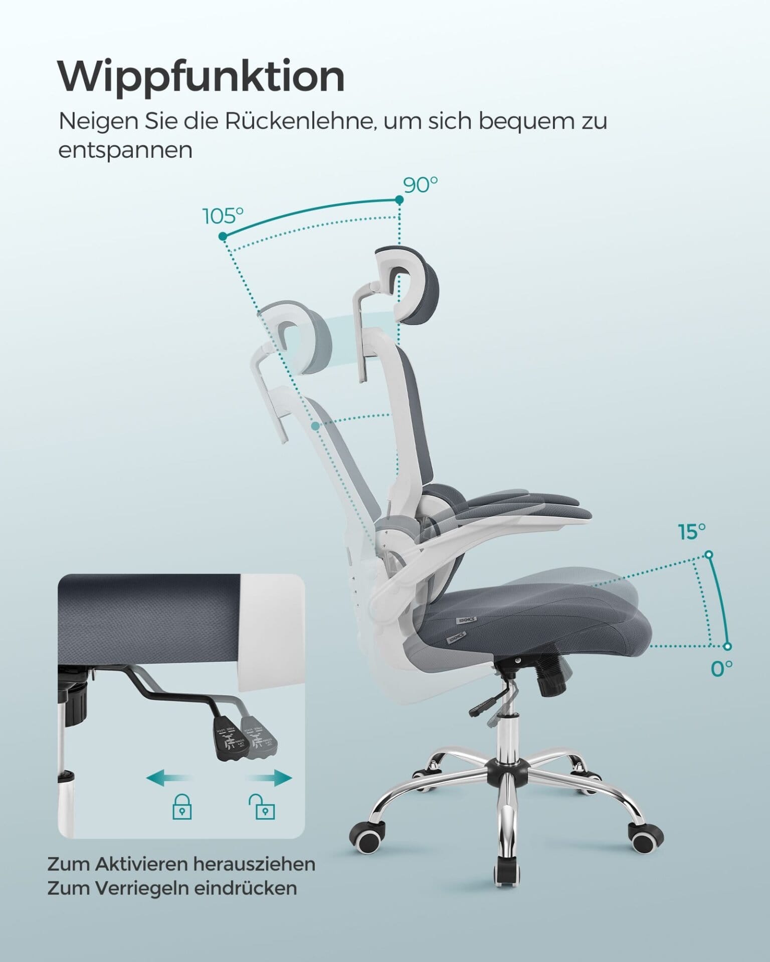 SONGMICS Office Chair, Desk Chair, Ergonomic, Folding Armrests, High Backrest, Mesh Chair with Lumbar Support and Adjustable Headrest, Rocking Function, Dove Grey OBN040G01 5 SONGMICS Office Chair, Desk Chair, Ergonomic, Folding Armrests, High Backrest, Mesh Chair with Lumbar Support and Adjustable Headrest, Rocking Function, Dove Grey OBN040G01 - Billede 5