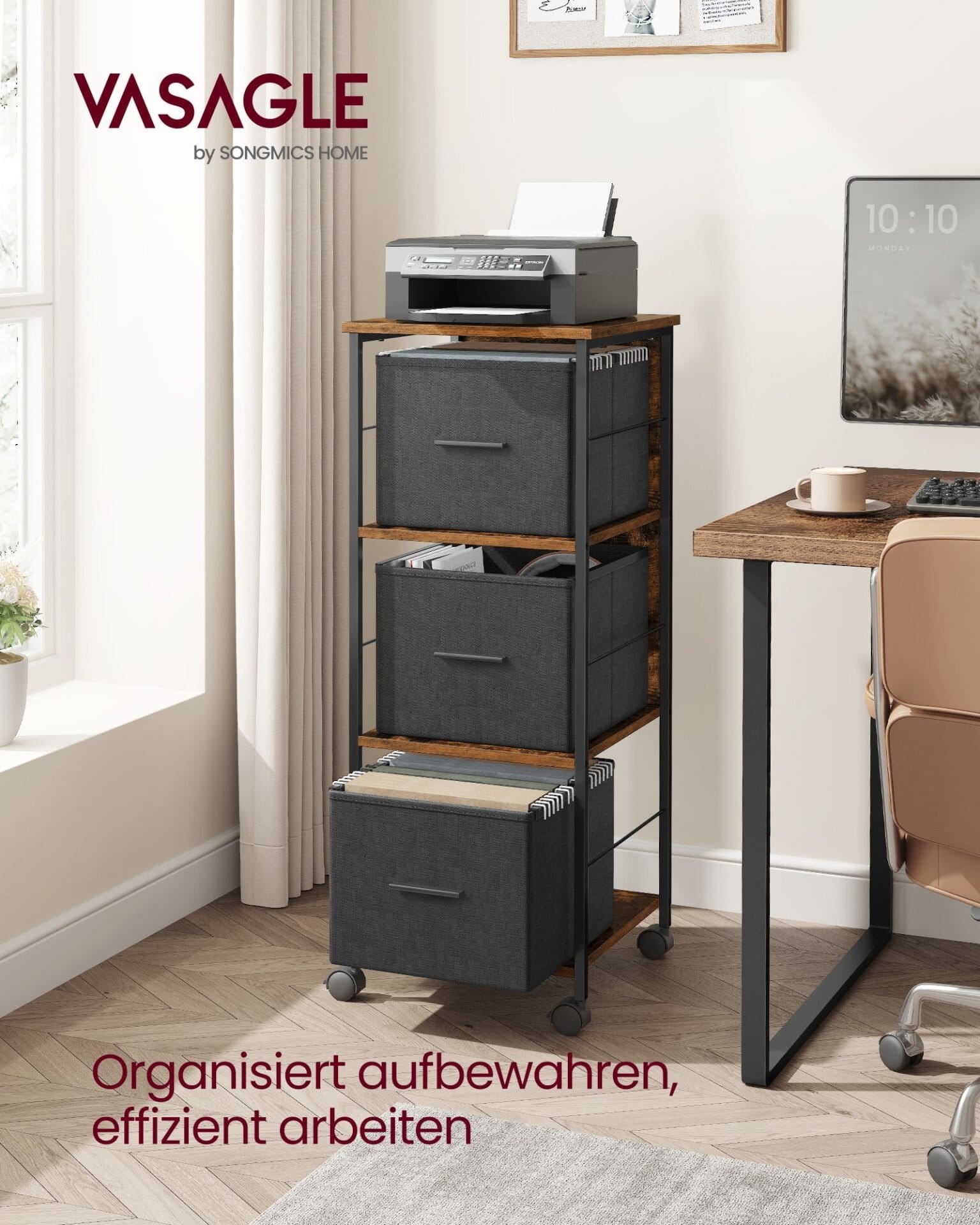 VASAGLE Filing Cabinet with 3 Drawers, Printer Stander, for A4, Letter-Size Files, Hanging File Folders, File Storage Box, Home Office, Rustic Brown and Ink Black OFC058B01 2 VASAGLE Filing Cabinet with 3 Drawers, Printer Stander, for A4, Letter-Size Files, Hanging File Folders, File Storage Box, Home Office, Rustic Brown and Ink Black OFC058B01 - Billede 2