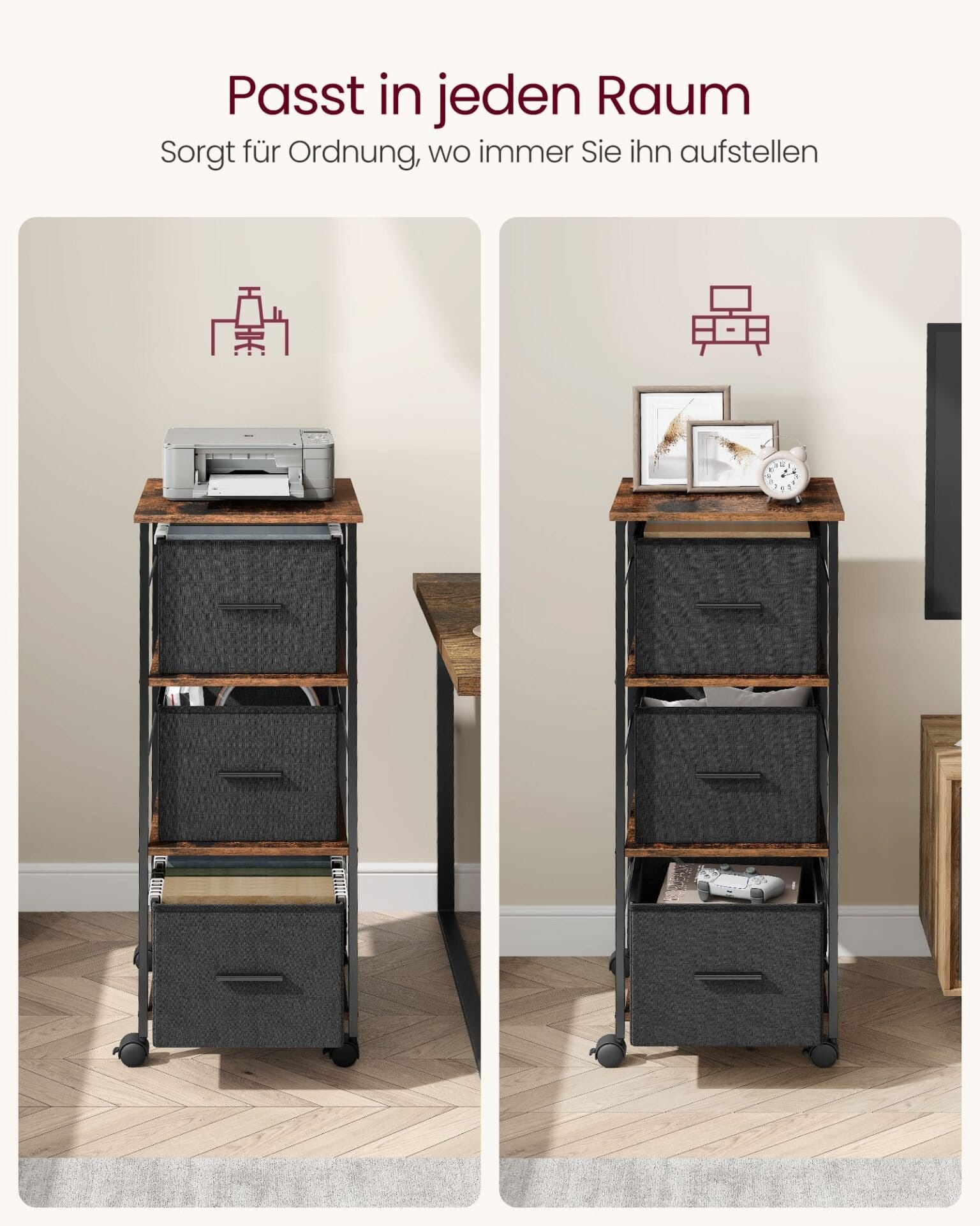 VASAGLE Filing Cabinet with 3 Drawers, Printer Stander, for A4, Letter-Size Files, Hanging File Folders, File Storage Box, Home Office, Rustic Brown and Ink Black OFC058B01 5 VASAGLE Filing Cabinet with 3 Drawers, Printer Stander, for A4, Letter-Size Files, Hanging File Folders, File Storage Box, Home Office, Rustic Brown and Ink Black OFC058B01 - Billede 5