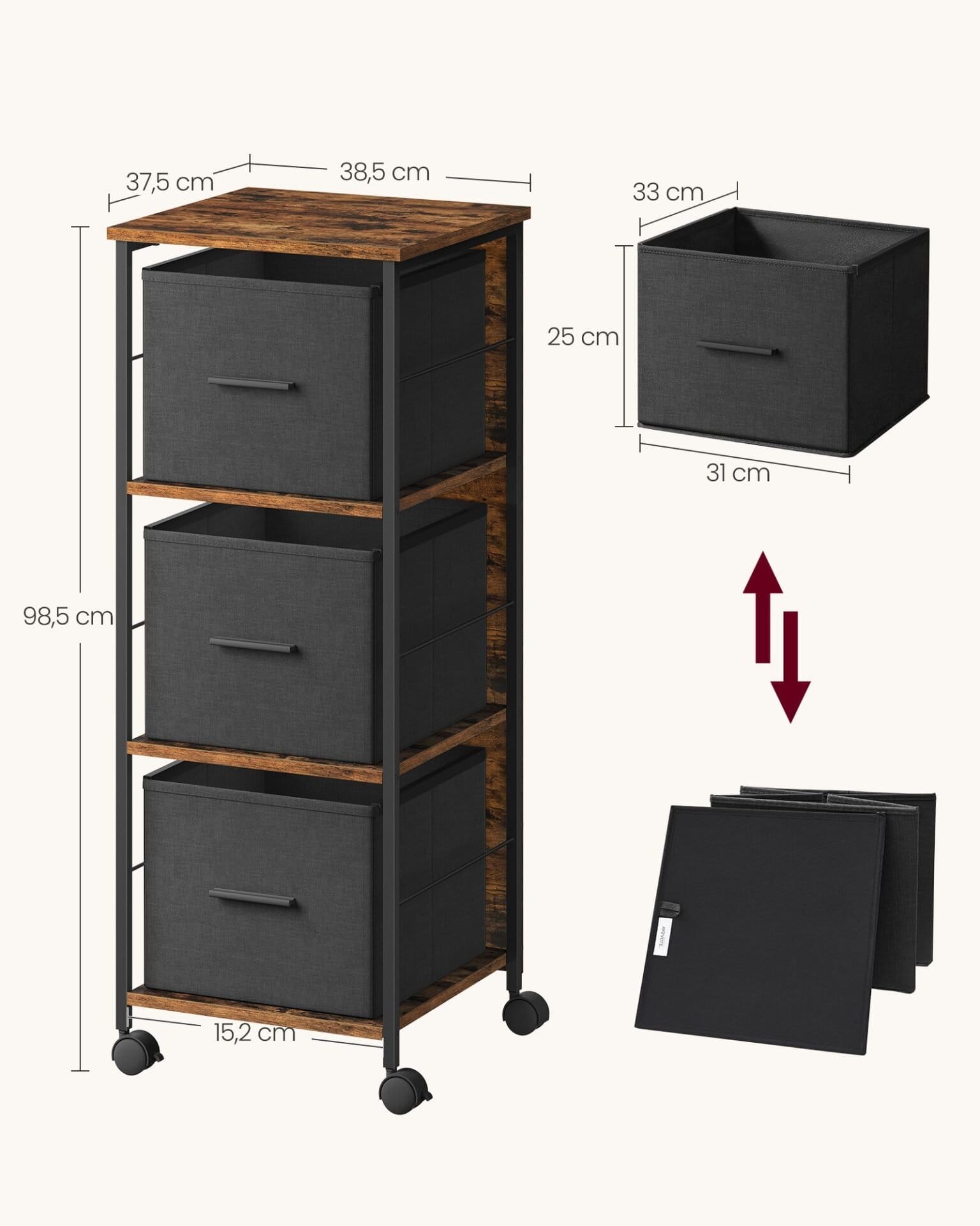 VASAGLE Filing Cabinet with 3 Drawers, Printer Stander, for A4, Letter-Size Files, Hanging File Folders, File Storage Box, Home Office, Rustic Brown and Ink Black OFC058B01 6 VASAGLE Filing Cabinet with 3 Drawers, Printer Stander, for A4, Letter-Size Files, Hanging File Folders, File Storage Box, Home Office, Rustic Brown and Ink Black OFC058B01 - Billede 6