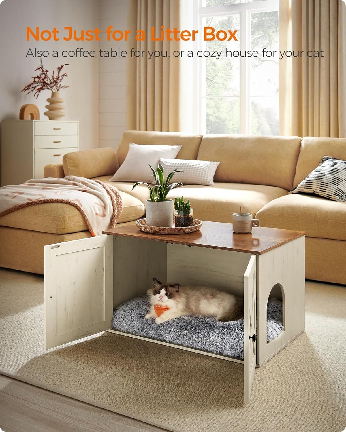 Kattebakke, Møbler Skjult med Aftagelig Rumdeler, Honningbrun og Rustik Hvid 3 Kattebakke, Møbler Skjult med Aftagelig Rumdeler, Honningbrun og Rustik Hvid - Billede 3