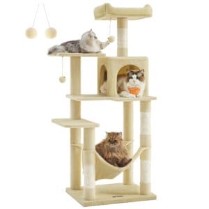 Feandrea PCT161M01 Cat Tree Height 143 cm Play Tower for Cats with 4 Scratching Posts, 2 Platforms, 1 Kennel, 1 Hammock, 2 Pompoms, Plush Fabric, Multi-Level, Beige