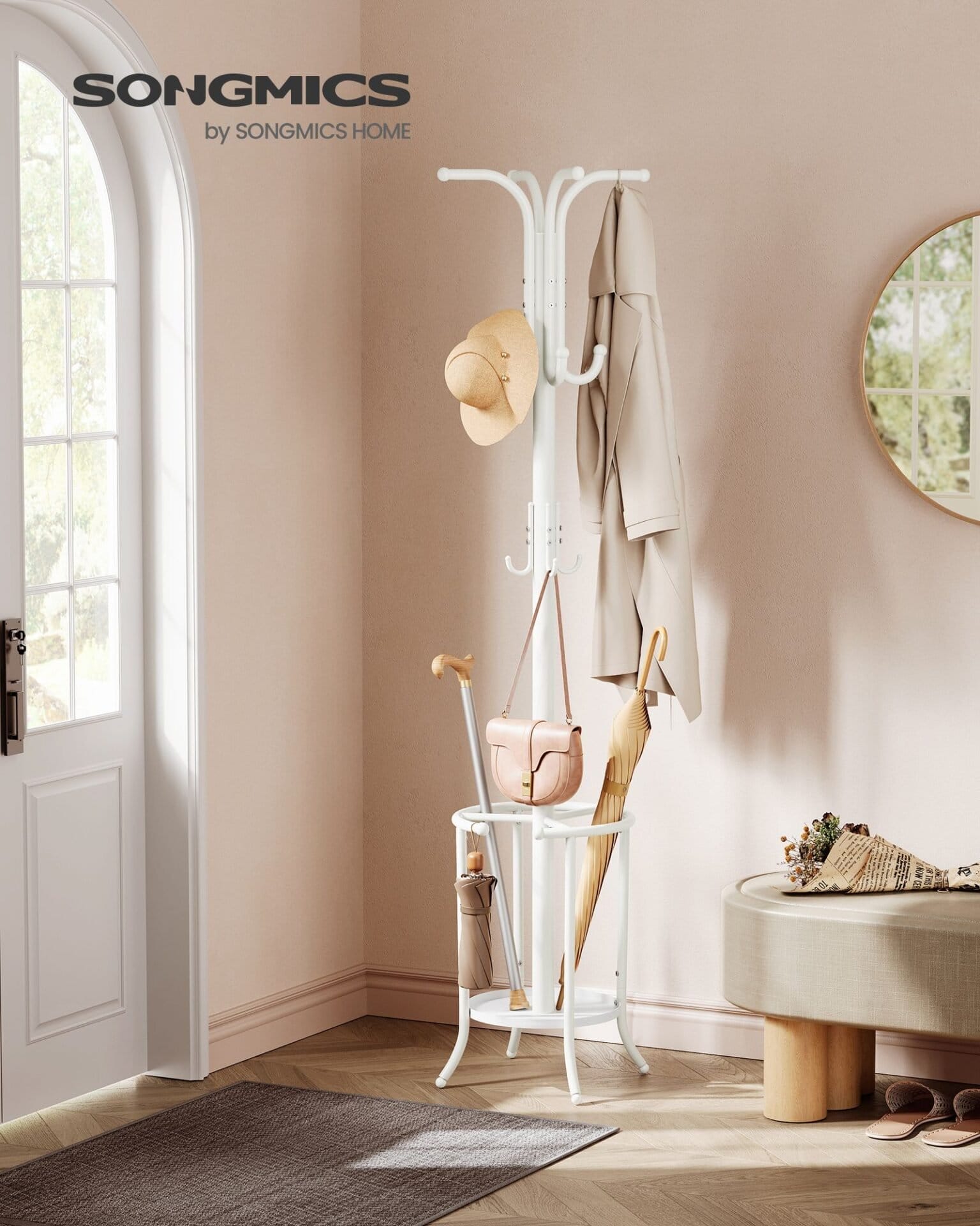 SONGMICS Coat Rack Freestanding, Coat Stand with Umbrella Holder, 12 Hooks, Metal, 175 cm Tall, for Entryway, Hallway, Living Room, Bedroom, Pearl White RCR011W01 2 SONGMICS Coat Rack Freestanding, Coat Stand with Umbrella Holder, 12 Hooks, Metal, 175 cm Tall, for Entryway, Hallway, Living Room, Bedroom, Pearl White RCR011W01 - Billede 2