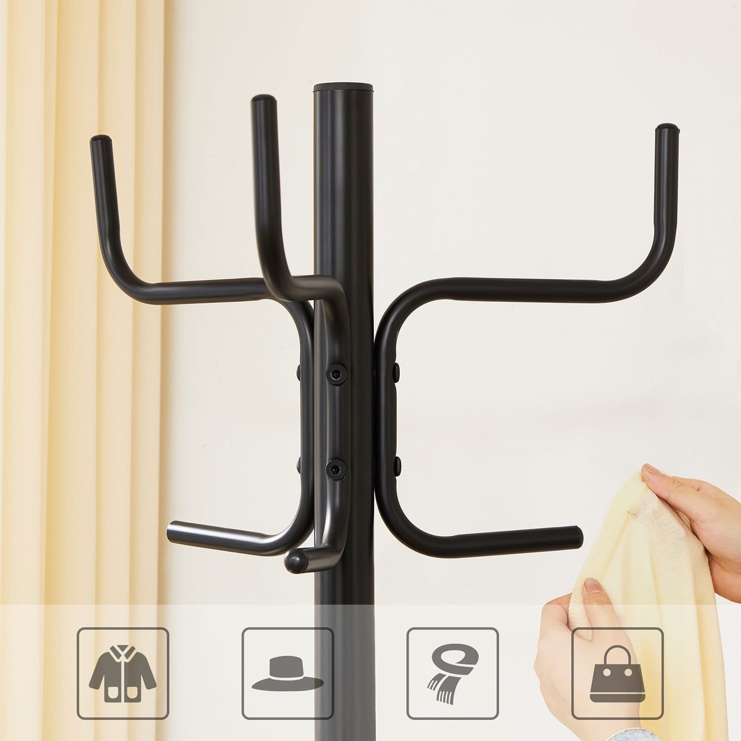 SONGMICS Coat Rack, Freestanding Metal Coat Tree with 6 Hooks, for Coats, Hats, Bags, 54 x 54 x 171.1 cm, Black RCR029B01 4 SONGMICS Coat Rack, Freestanding Metal Coat Tree with 6 Hooks, for Coats, Hats, Bags, 54 x 54 x 171.1 cm, Black RCR029B01 - Billede 4