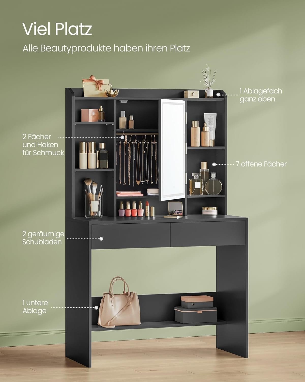 VASAGLE Dressing Table with Stool and Lighting, Power Strip, Mirror, Dressing Table, 40 x 80 x 134.8 cm, Cosmetic Table with Drawers, Padded Stool, Matte White / Pale Gold RVT019W01 2 VASAGLE Dressing Table with Stool and Lighting, Power Strip, Mirror, Dressing Table, 40 x 80 x 134.8 cm, Cosmetic Table with Drawers, Padded Stool, Matte White / Pale Gold RVT019W01 - Billede 2