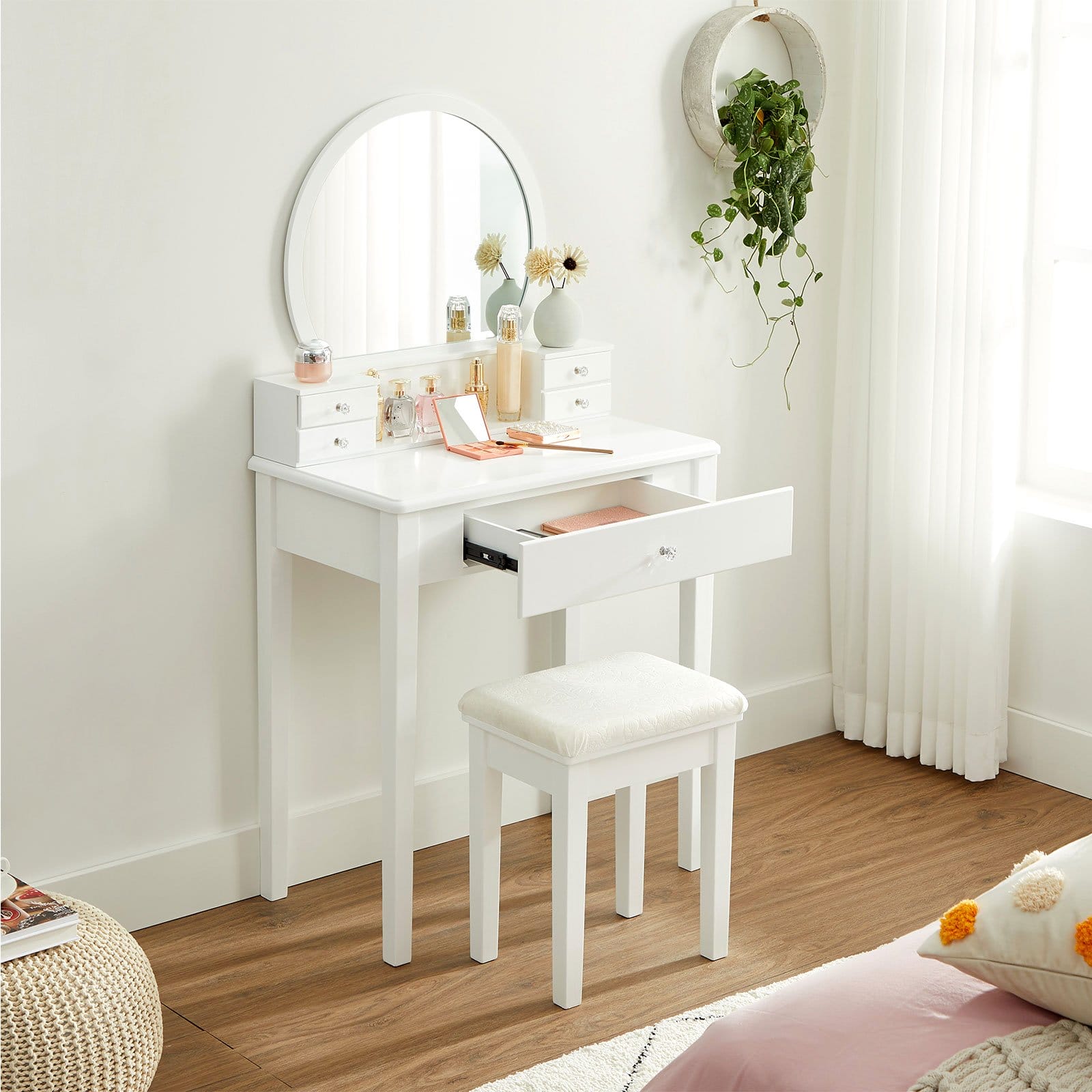 VASAGLE Dressing Table Set with Mirror, 10 Dimmable Bulbs, Modern, Padded Stool, 5 Drawers, 70 x 40 x 134 cm, Gift Idea, White RDT151W01 3 VASAGLE Dressing Table Set with Mirror, 10 Dimmable Bulbs, Modern, Padded Stool, 5 Drawers, 70 x 40 x 134 cm, Gift Idea, White RDT151W01 - Billede 3