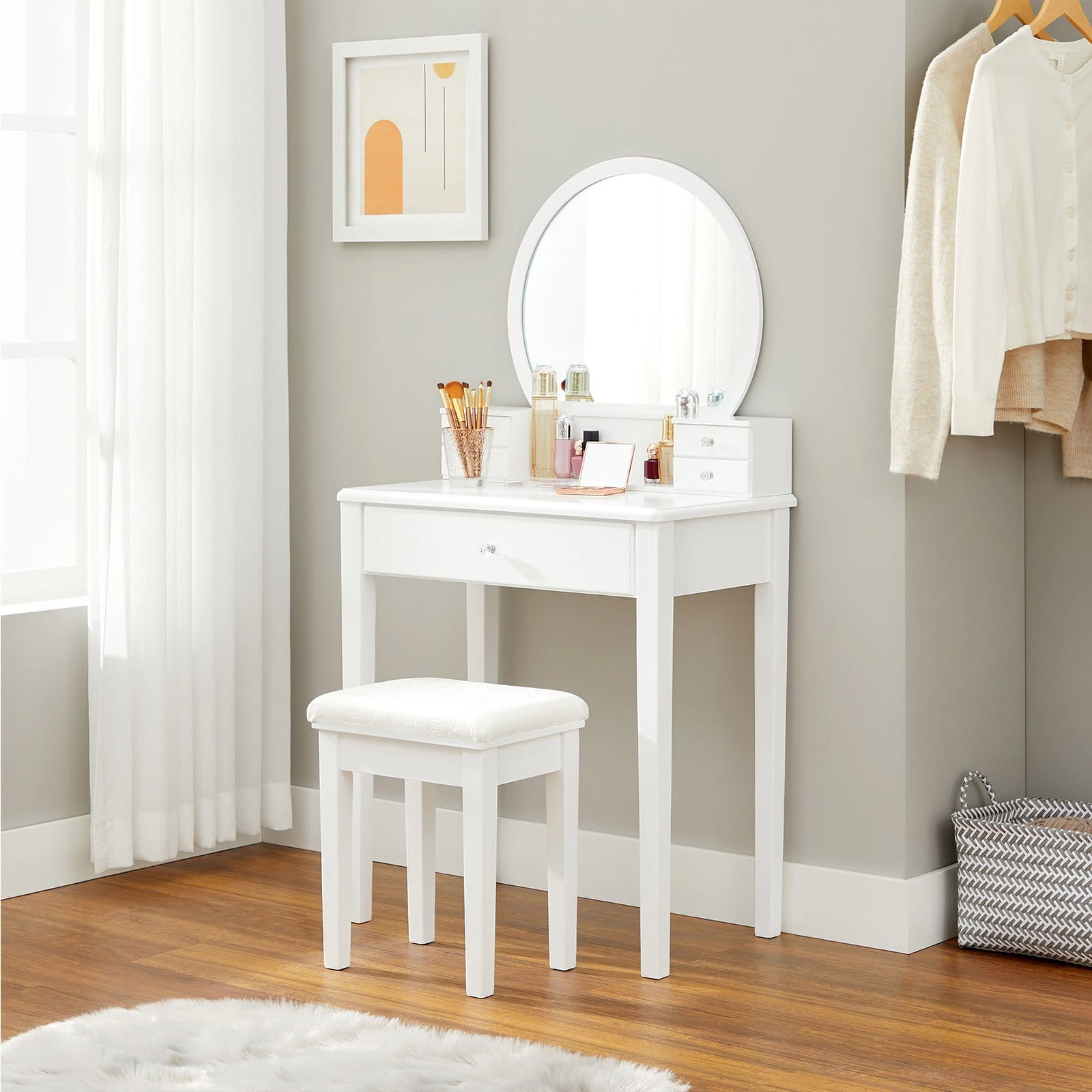 VASAGLE Dressing Table Set with Mirror, 10 Dimmable Bulbs, Modern, Padded Stool, 5 Drawers, 70 x 40 x 134 cm, Gift Idea, White RDT151W01 4 VASAGLE Dressing Table Set with Mirror, 10 Dimmable Bulbs, Modern, Padded Stool, 5 Drawers, 70 x 40 x 134 cm, Gift Idea, White RDT151W01 - Billede 4