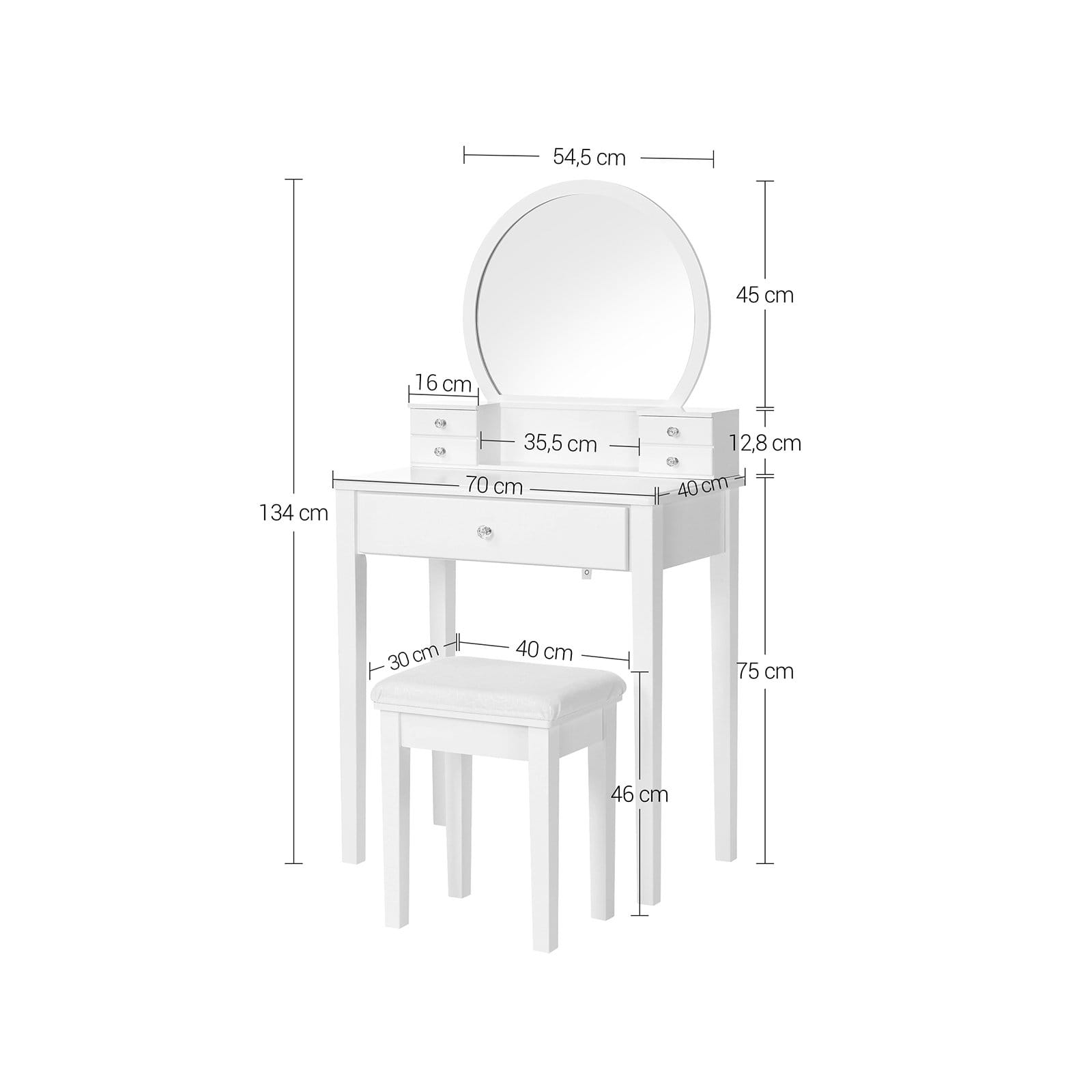 VASAGLE Dressing Table Set with Mirror, 10 Dimmable Bulbs, Modern, Padded Stool, 5 Drawers, 70 x 40 x 134 cm, Gift Idea, White RDT151W01 7 VASAGLE Dressing Table Set with Mirror, 10 Dimmable Bulbs, Modern, Padded Stool, 5 Drawers, 70 x 40 x 134 cm, Gift Idea, White RDT151W01 - Billede 7