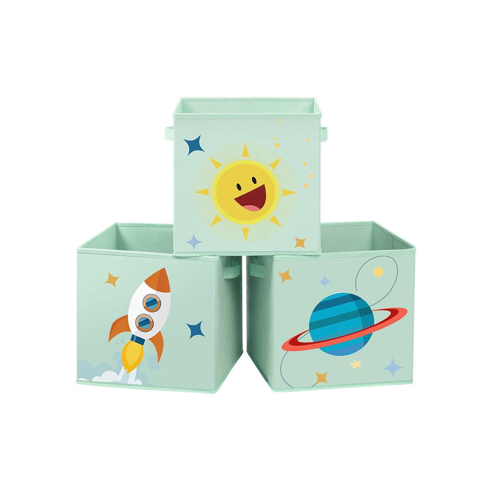 SONGMICS Storage Boxes, Set of 3, Toy Organiser Boxes, Foldable Storage Cubes with Two Handles, for Kid’s Room, Playroom, Bedroom, 30 x 30 x 30 cm, Space Theme, Green RFB001G03 1 SONGMICS Storage Boxes, Set of 3, Toy Organiser Boxes, Foldable Storage Cubes with Two Handles, for Kid’s Room, Playroom, Bedroom, 30 x 30 x 30 cm, Space Theme, Green RFB001G03