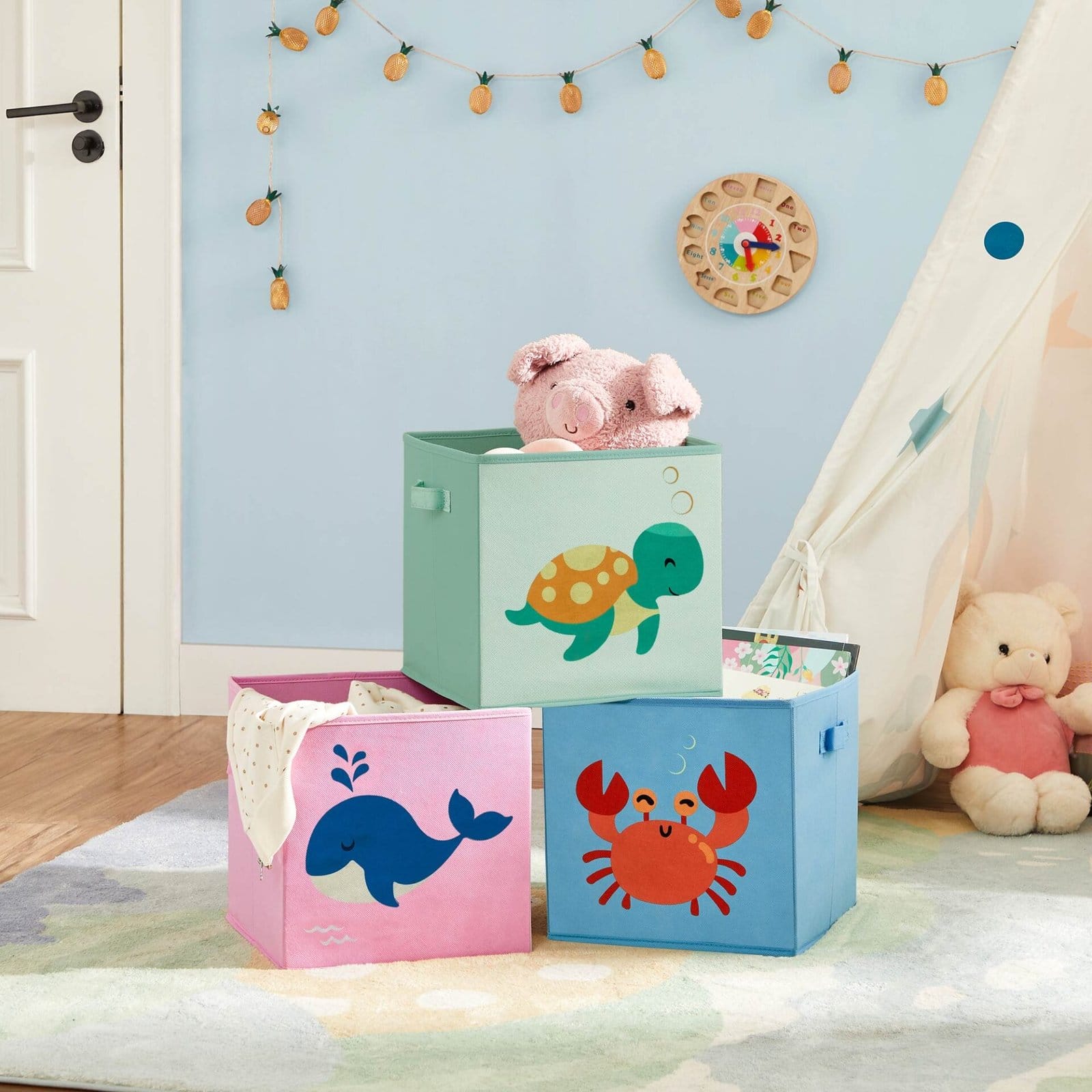 SONGMICS Storage Boxes, Set of 3, Toy Organiser Boxes, Foldable Storage Cubes with Handles, for Kid’s Room, Playroom, Bedroom, 30 x 30 x 30 cm, Animal Theme, Blue, Green and Pink RFB075P01 2 SONGMICS Storage Boxes, Set of 3, Toy Organiser Boxes, Foldable Storage Cubes with Handles, for Kid’s Room, Playroom, Bedroom, 30 x 30 x 30 cm, Animal Theme, Blue, Green and Pink RFB075P01 - Billede 2