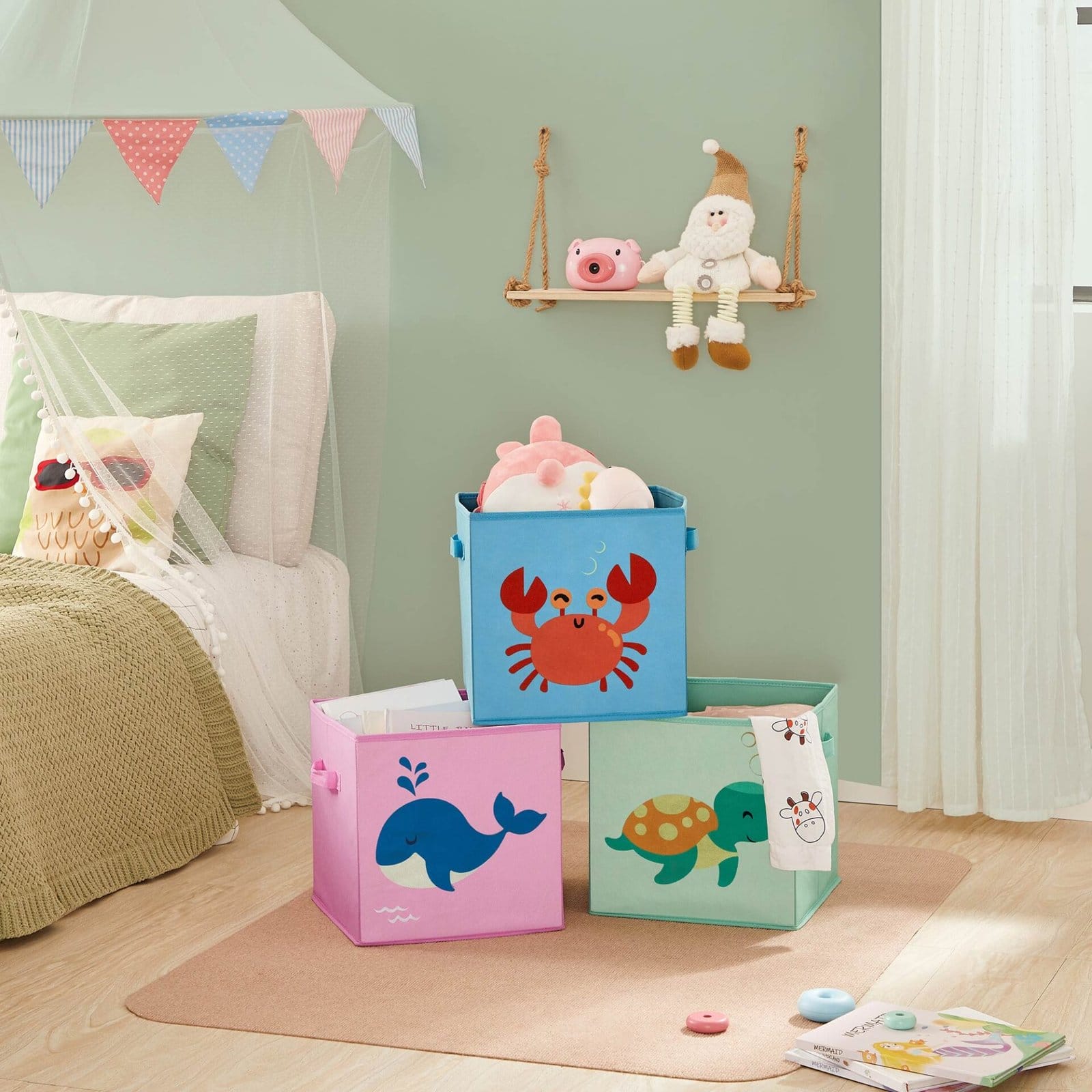 SONGMICS Storage Boxes, Set of 3, Toy Organiser Boxes, Foldable Storage Cubes with Handles, for Kid’s Room, Playroom, Bedroom, 30 x 30 x 30 cm, Animal Theme, Blue, Green and Pink RFB075P01 4 SONGMICS Storage Boxes, Set of 3, Toy Organiser Boxes, Foldable Storage Cubes with Handles, for Kid’s Room, Playroom, Bedroom, 30 x 30 x 30 cm, Animal Theme, Blue, Green and Pink RFB075P01 - Billede 4