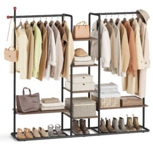 SONGMICS HOME Clothes Rail, Clothes Rack with Shoe Shelf, Heavy-Duty Storage Rack, 6 Storage Shelves, 2 Hanging Rails, Matchstick-Shaped Hooks, Natural Walnut and Ink Black RGR012B01