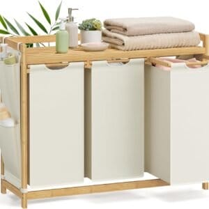 Vasketøjskurv med 3 rum, Rummer op til 150 l, 3 x 50 l, 94 x 33 x 78 cm, Cremehvid