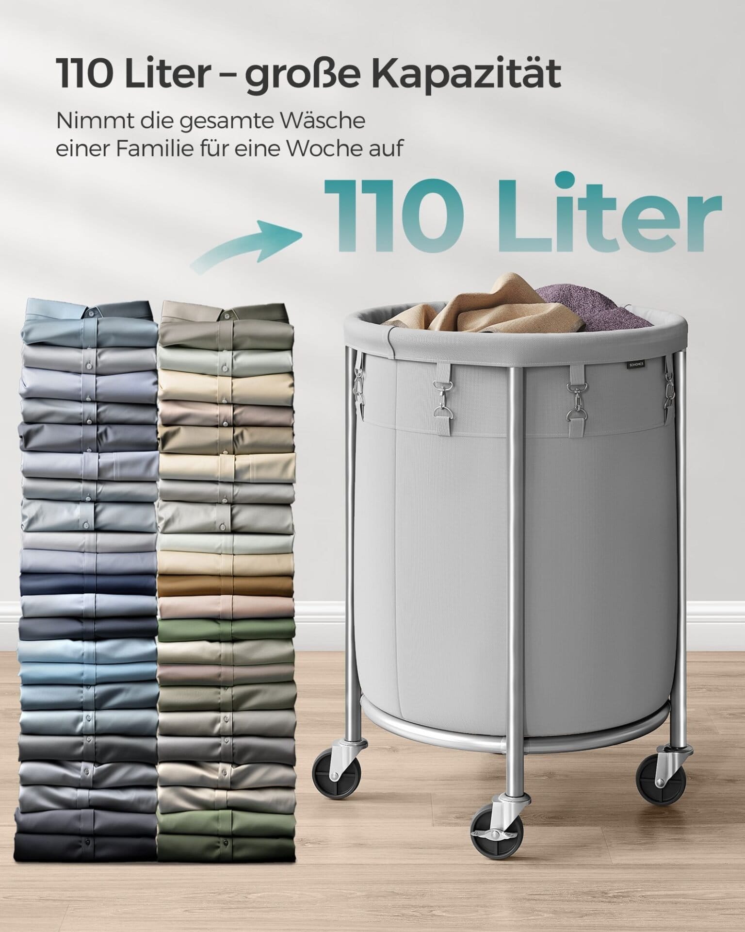 SONGMICS Laundry Basket on Wheels, Laundry Trolley 110L, Round Laundry Hamper with Steel Frame and Removable Bag, 4 Castors and 2 Brakes, Grey and Silver RLS002G01 3 SONGMICS Laundry Basket on Wheels, Laundry Trolley 110L, Round Laundry Hamper with Steel Frame and Removable Bag, 4 Castors and 2 Brakes, Grey and Silver RLS002G01 - Billede 3