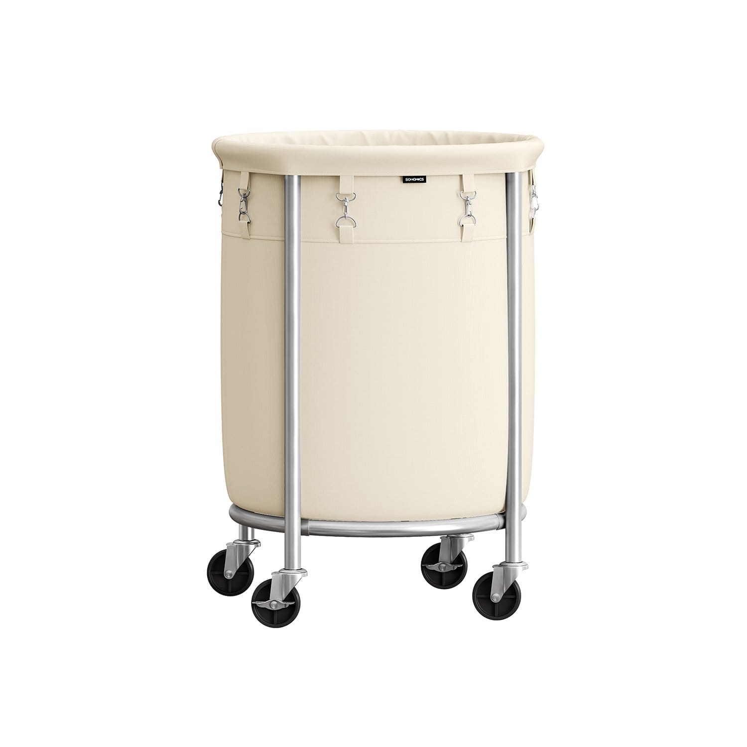 SONGMICS Laundry Basket on Wheels, Laundry Trolley 110L, Round Laundry Hamper with Steel Frame and Removable Bag, 4 Castors and 2 Brakes, Cream and Silver RLS002W01 1 SONGMICS Laundry Basket on Wheels, Laundry Trolley 110L, Round Laundry Hamper with Steel Frame and Removable Bag, 4 Castors and 2 Brakes, Cream and Silver RLS002W01