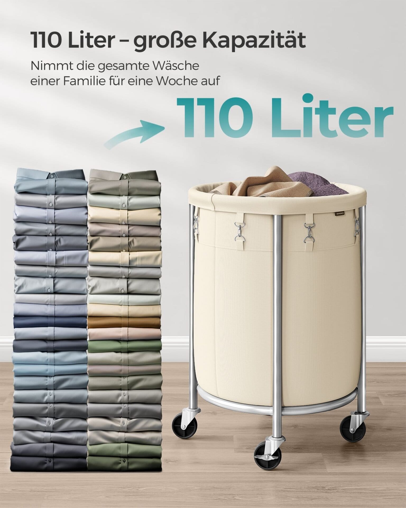 SONGMICS Laundry Basket on Wheels, Laundry Trolley 110L, Round Laundry Hamper with Steel Frame and Removable Bag, 4 Castors and 2 Brakes, Cream and Silver RLS002W01 3 SONGMICS Laundry Basket on Wheels, Laundry Trolley 110L, Round Laundry Hamper with Steel Frame and Removable Bag, 4 Castors and 2 Brakes, Cream and Silver RLS002W01 - Billede 3