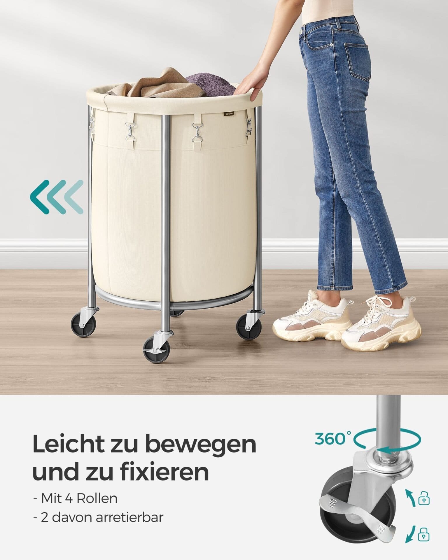 SONGMICS Laundry Basket on Wheels, Laundry Trolley 110L, Round Laundry Hamper with Steel Frame and Removable Bag, 4 Castors and 2 Brakes, Cream and Silver RLS002W01 4 SONGMICS Laundry Basket on Wheels, Laundry Trolley 110L, Round Laundry Hamper with Steel Frame and Removable Bag, 4 Castors and 2 Brakes, Cream and Silver RLS002W01 - Billede 4