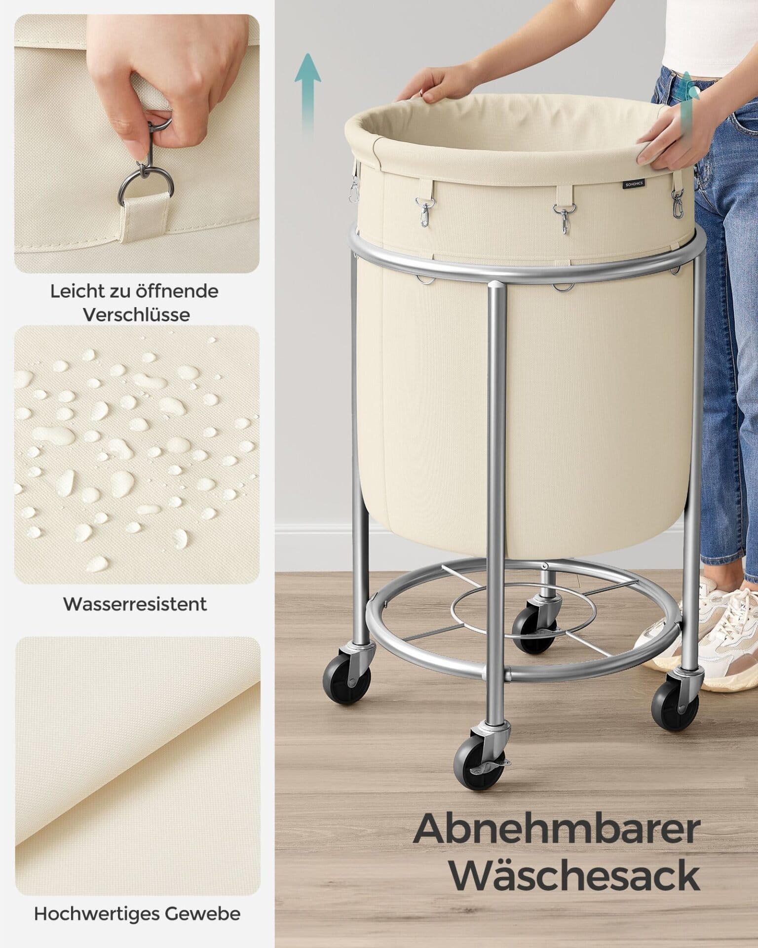 SONGMICS Laundry Basket on Wheels, Laundry Trolley 110L, Round Laundry Hamper with Steel Frame and Removable Bag, 4 Castors and 2 Brakes, Cream and Silver RLS002W01 5 SONGMICS Laundry Basket on Wheels, Laundry Trolley 110L, Round Laundry Hamper with Steel Frame and Removable Bag, 4 Castors and 2 Brakes, Cream and Silver RLS002W01 - Billede 5