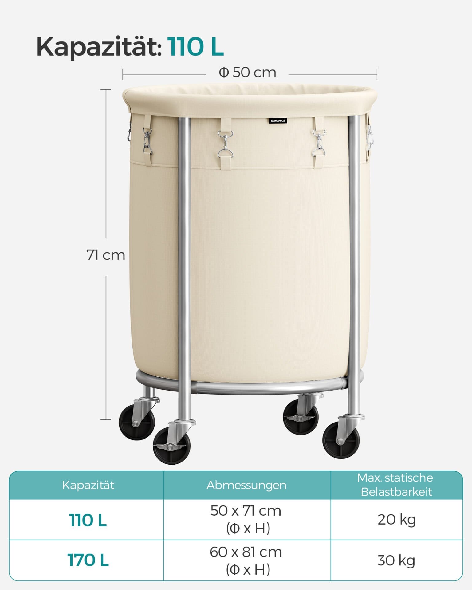 SONGMICS Laundry Basket on Wheels, Laundry Trolley 110L, Round Laundry Hamper with Steel Frame and Removable Bag, 4 Castors and 2 Brakes, Cream and Silver RLS002W01 6 SONGMICS Laundry Basket on Wheels, Laundry Trolley 110L, Round Laundry Hamper with Steel Frame and Removable Bag, 4 Castors and 2 Brakes, Cream and Silver RLS002W01 - Billede 6