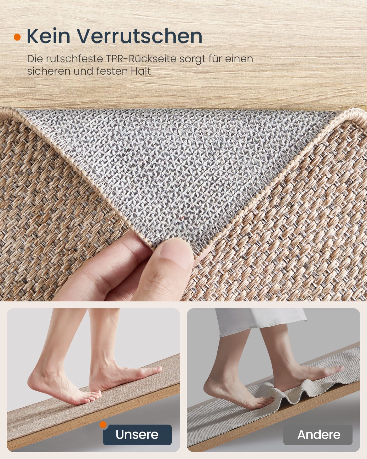 SONGMICS HOME Area Rug, 2.6x4.9 ft Rug for Living Room, Non-Slip Carpet, Faux Jute Rug, Home Decor, for Bedroom, Kitchen, Entryway, Dining Room, Machine Washable, Camel Brown UTAR097K01 6 SONGMICS HOME Area Rug, 2.6x4.9 ft Rug for Living Room, Non-Slip Carpet, Faux Jute Rug, Home Decor, for Bedroom, Kitchen, Entryway, Dining Room, Machine Washable, Camel Brown UTAR097K01 - Billede 6