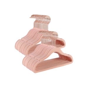 Babybøjler, pakke med 50 børnefløjlsbøjler med rosaguldkroge, lyserød