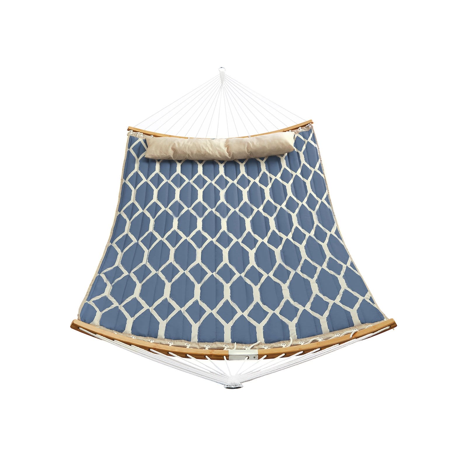 SONGMICS Hammock, Quilted Fabric Hammock with Detachable Curved Bamboo Spreaders, Pillow, 200 x 140 cm, Load Capacity 225 kg, Blue and Beige Rhombus GDC034I02 1 SONGMICS Hammock, Quilted Fabric Hammock with Detachable Curved Bamboo Spreaders, Pillow, 200 x 140 cm, Load Capacity 225 kg, Blue and Beige Rhombus GDC034I02