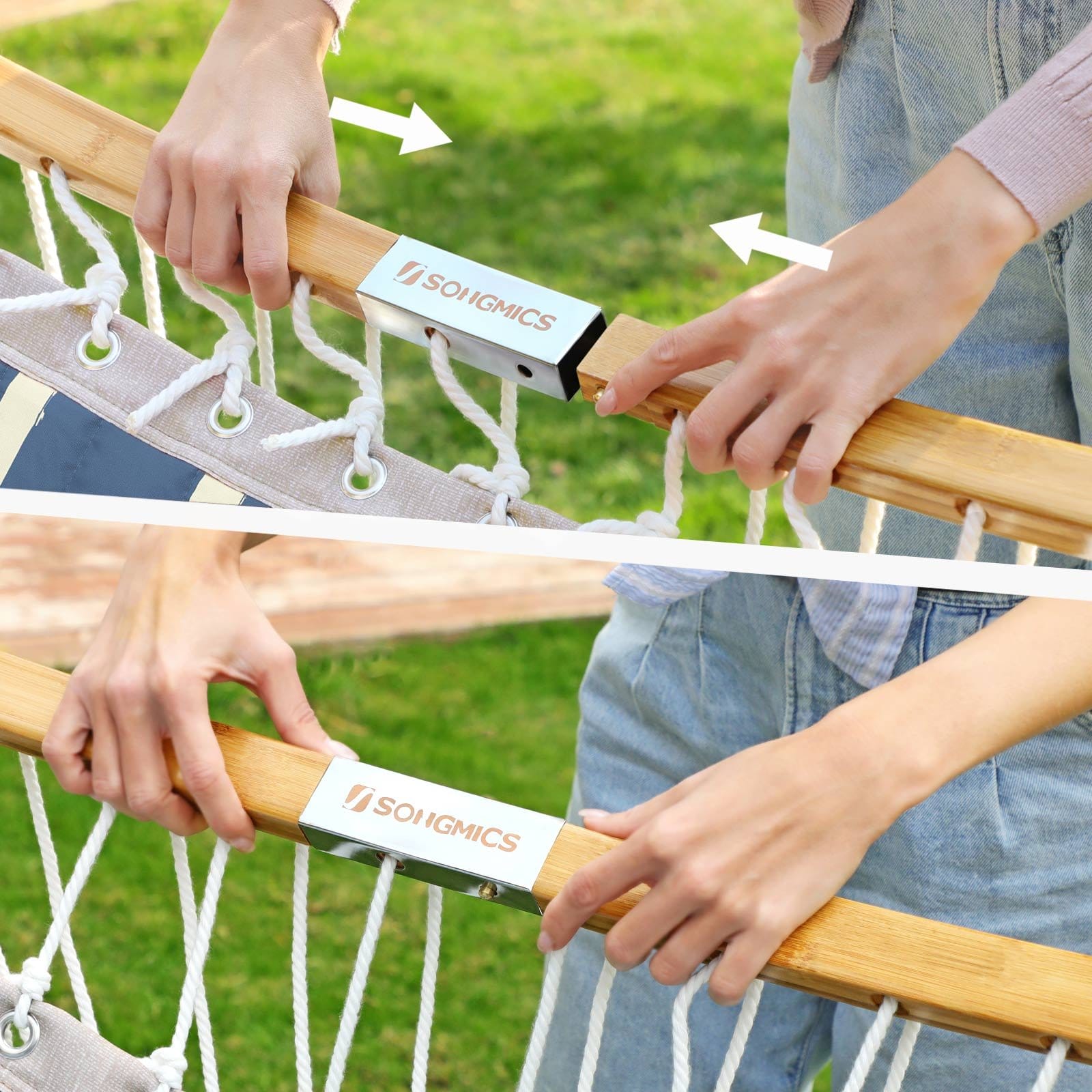 SONGMICS Hammock, Quilted Fabric Hammock with Detachable Curved Bamboo Spreaders, Pillow, 200 x 140 cm, Load Capacity 225 kg, Blue and Beige Rhombus GDC034I02 5 SONGMICS Hammock, Quilted Fabric Hammock with Detachable Curved Bamboo Spreaders, Pillow, 200 x 140 cm, Load Capacity 225 kg, Blue and Beige Rhombus GDC034I02 - Billede 5