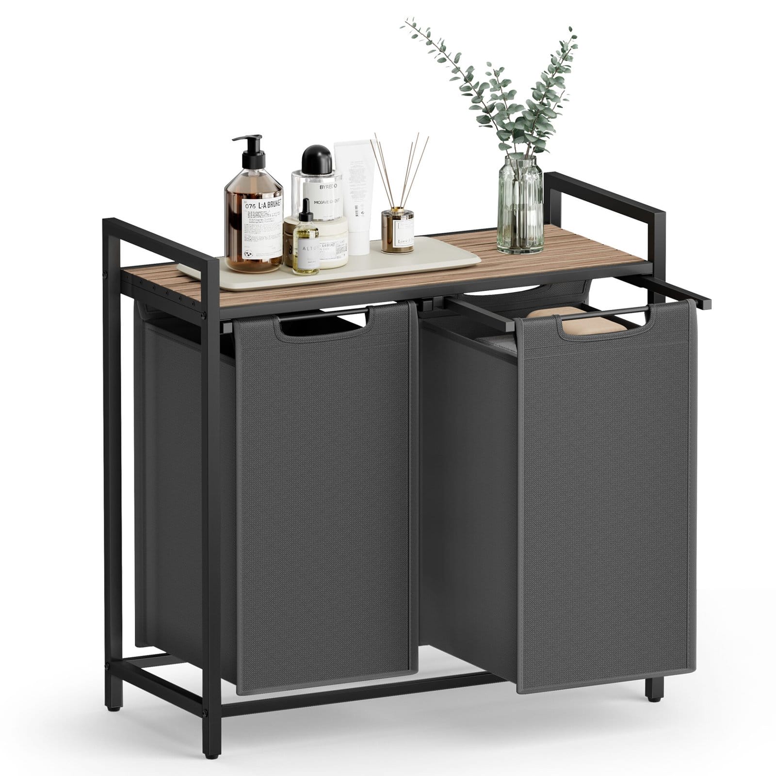 Vasketøjskurv, 2-rums vasketøj, udtrækkelige og aftagelige vasketøjsposer, brun og grå 1 Vasketøjskurv, 2-rums vasketøj, udtrækkelige og aftagelige vasketøjsposer, brun og grå