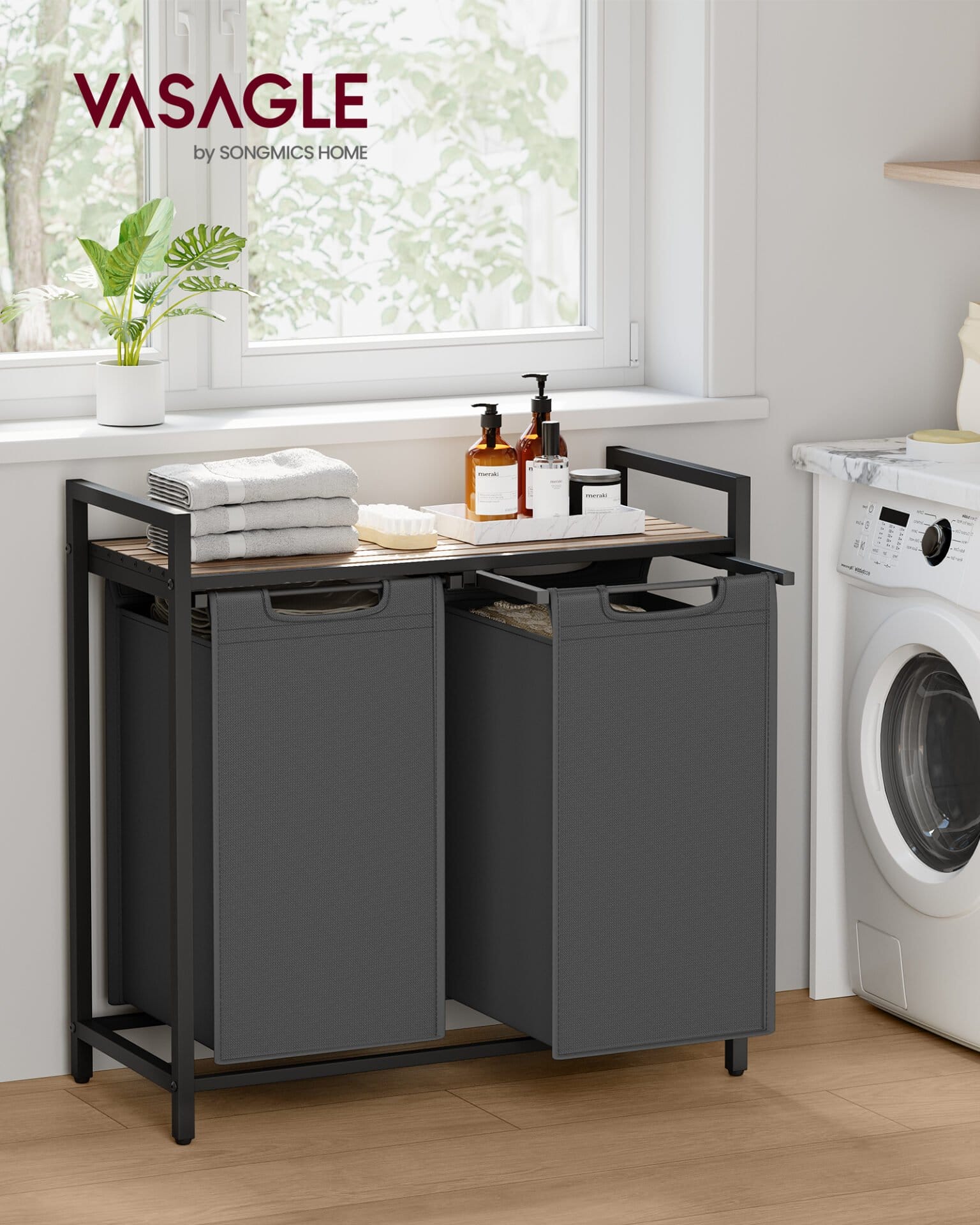 Vasketøjskurv, 2-rums vasketøj, udtrækkelige og aftagelige vasketøjsposer, brun og grå 2 Vasketøjskurv, 2-rums vasketøj, udtrækkelige og aftagelige vasketøjsposer, brun og grå - Billede 2