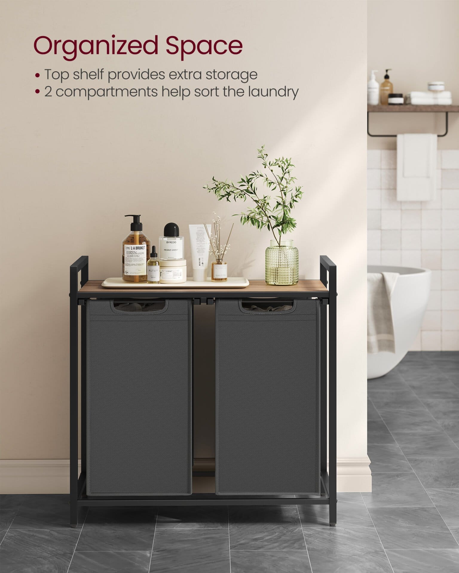 Vasketøjskurv, 2-rums vasketøj, udtrækkelige og aftagelige vasketøjsposer, brun og grå 3 Vasketøjskurv, 2-rums vasketøj, udtrækkelige og aftagelige vasketøjsposer, brun og grå - Billede 3