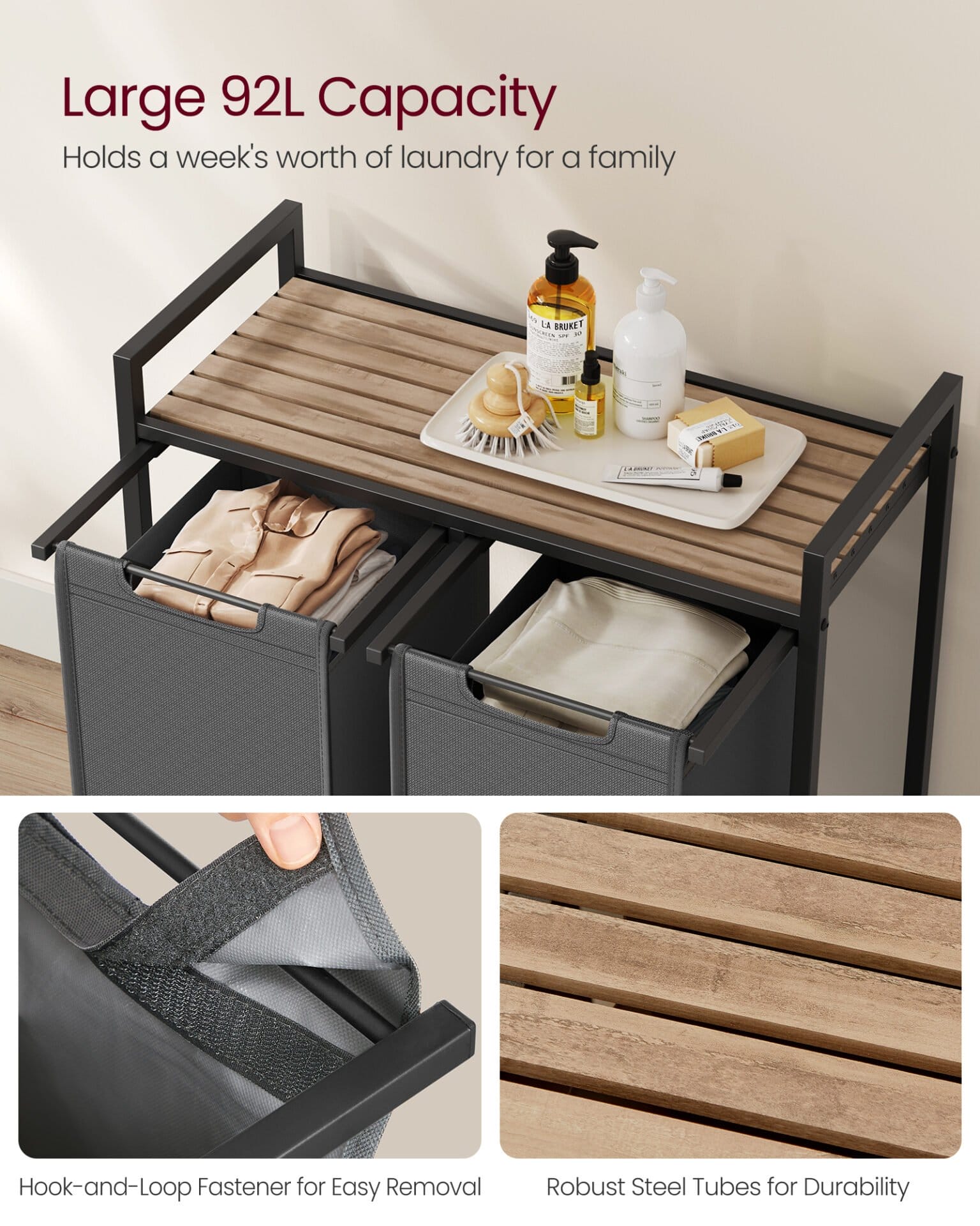 Vasketøjskurv, 2-rums vasketøj, udtrækkelige og aftagelige vasketøjsposer, brun og grå 4 Vasketøjskurv, 2-rums vasketøj, udtrækkelige og aftagelige vasketøjsposer, brun og grå - Billede 4