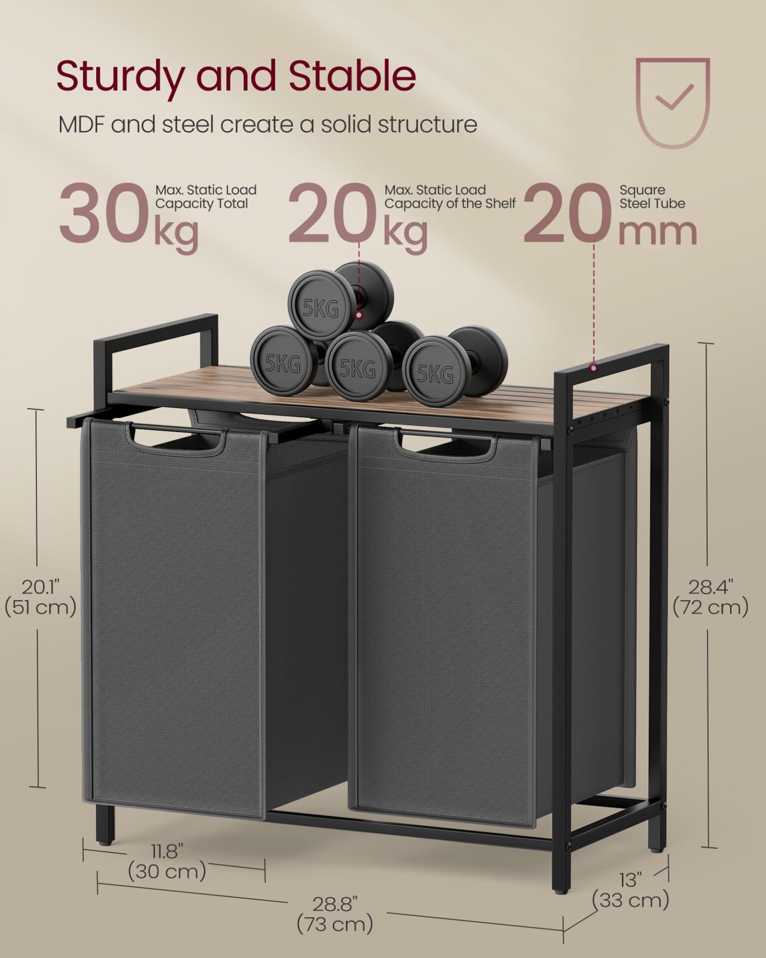 Vasketøjskurv, 2-rums vasketøj, udtrækkelige og aftagelige vasketøjsposer, brun og grå 6 Vasketøjskurv, 2-rums vasketøj, udtrækkelige og aftagelige vasketøjsposer, brun og grå - Billede 6
