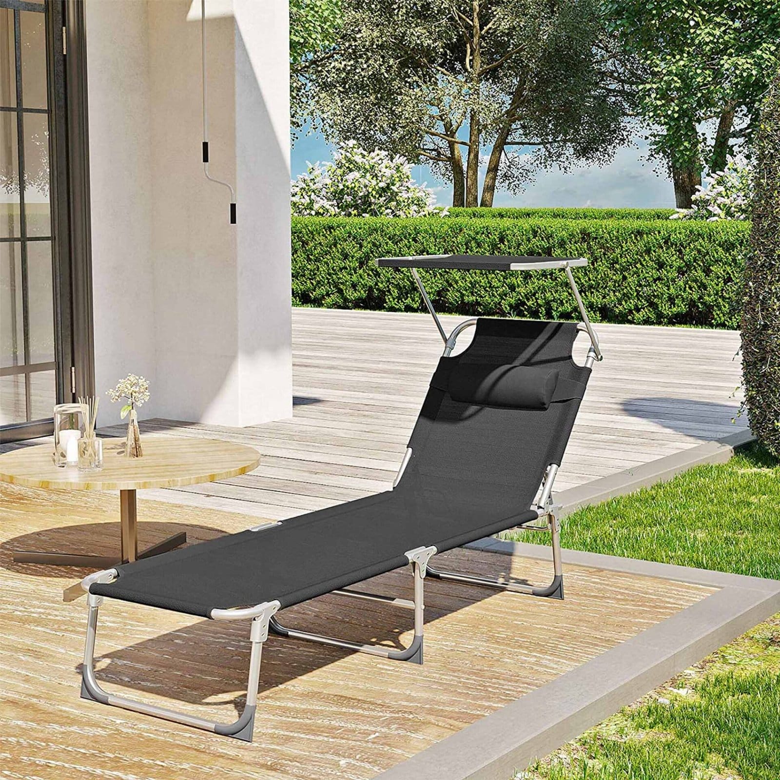 SONGMICS Sun Lounger, Sunbed, Reclining Sun Chair, with Headrest, Adjustable Backrest, Sunshade, Lightweight, Foldable, 53 x 193 x 29.5 cm, Load Capacity 150 kg, for Garden, Black GCB192B01 3 SONGMICS Sun Lounger, Sunbed, Reclining Sun Chair, with Headrest, Adjustable Backrest, Sunshade, Lightweight, Foldable, 53 x 193 x 29.5 cm, Load Capacity 150 kg, for Garden, Black GCB192B01 - Billede 3
