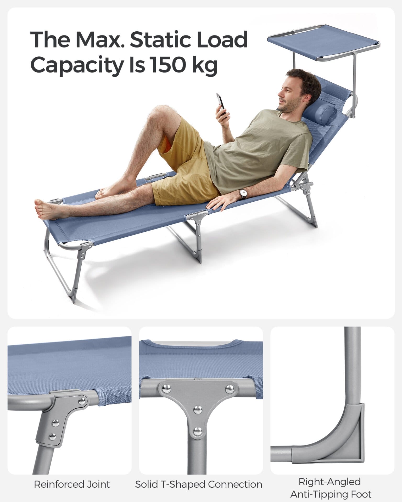 Liggestol, foldbar liggestol, solseng, 193 x 53 x 29 cm, blå 6 Liggestol, foldbar liggestol, solseng, 193 x 53 x 29 cm, blå - Billede 6