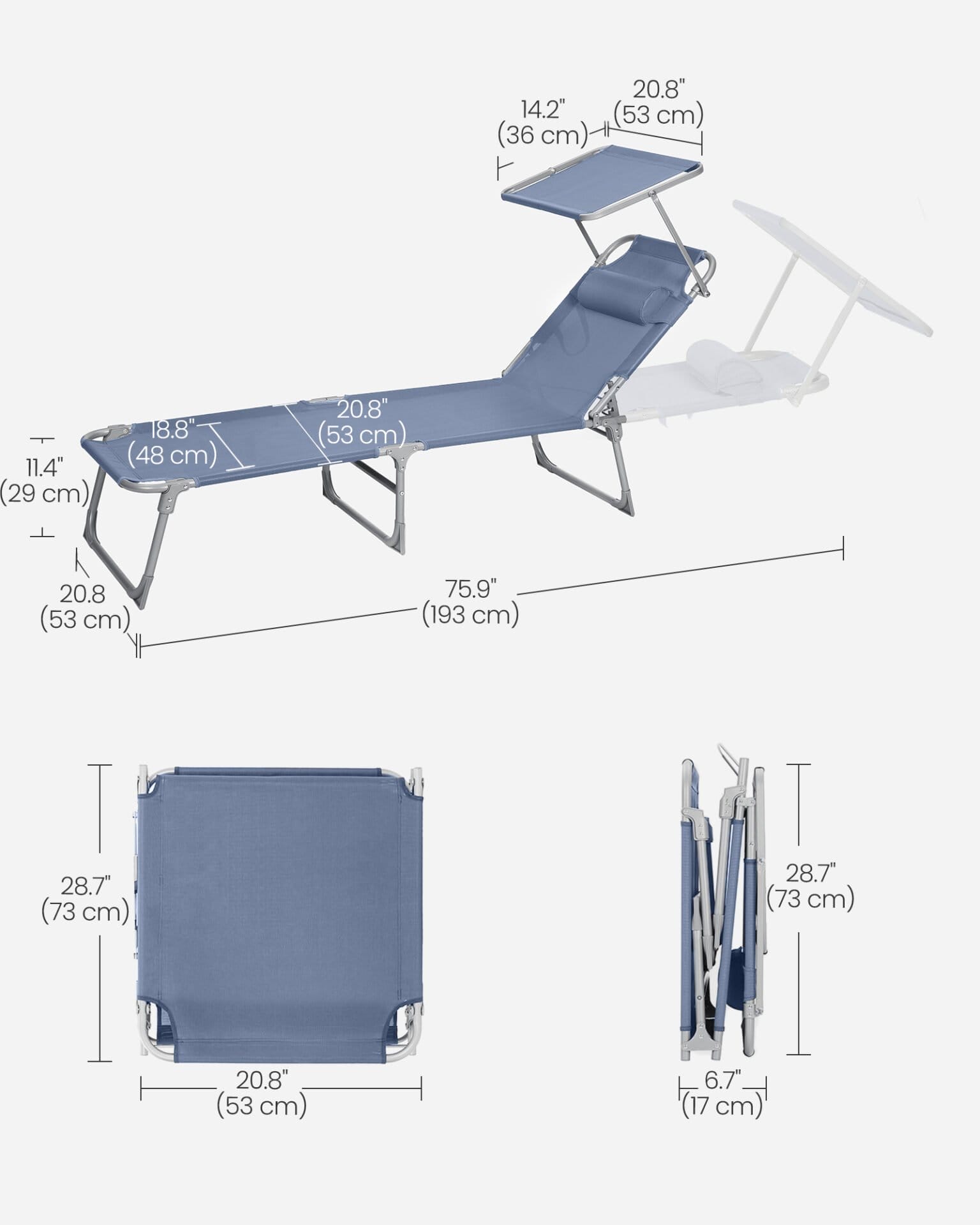 Liggestol, foldbar liggestol, solseng, 193 x 53 x 29 cm, blå 7 Liggestol, foldbar liggestol, solseng, 193 x 53 x 29 cm, blå - Billede 7
