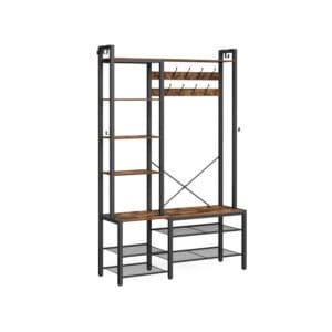 VASAGLE Hall Tree with Bench and Shoe Storage, Hallway Coat Rack with Shoe Bench and 5 Storage Shelves, 9 Coat Hooks and 6 Side Hooks, 140 x 120 x 190 cm, Vintage Brown and Ink Black HSR426B01
