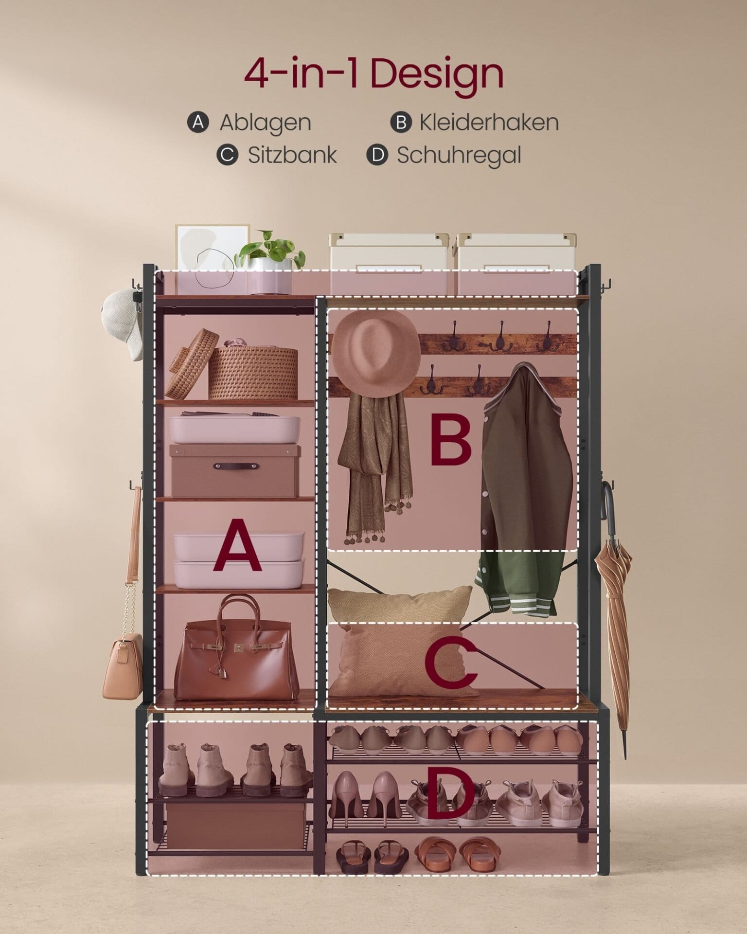 VASAGLE Hall Tree with Bench and Shoe Storage, Hallway Coat Rack with Shoe Bench and 5 Storage Shelves, 9 Coat Hooks and 6 Side Hooks, 140 x 120 x 190 cm, Vintage Brown and Ink Black HSR426B01 4 VASAGLE Hall Tree with Bench and Shoe Storage, Hallway Coat Rack with Shoe Bench and 5 Storage Shelves, 9 Coat Hooks and 6 Side Hooks, 140 x 120 x 190 cm, Vintage Brown and Ink Black HSR426B01 - Billede 4