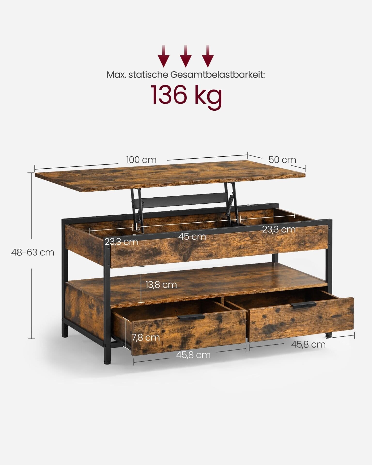 Sofabord med løftefunktion, stuebord med opbevaringsskuffer, rustik brun og blæksort 6 Sofabord med løftefunktion, stuebord med opbevaringsskuffer, rustik brun og blæksort - Billede 6