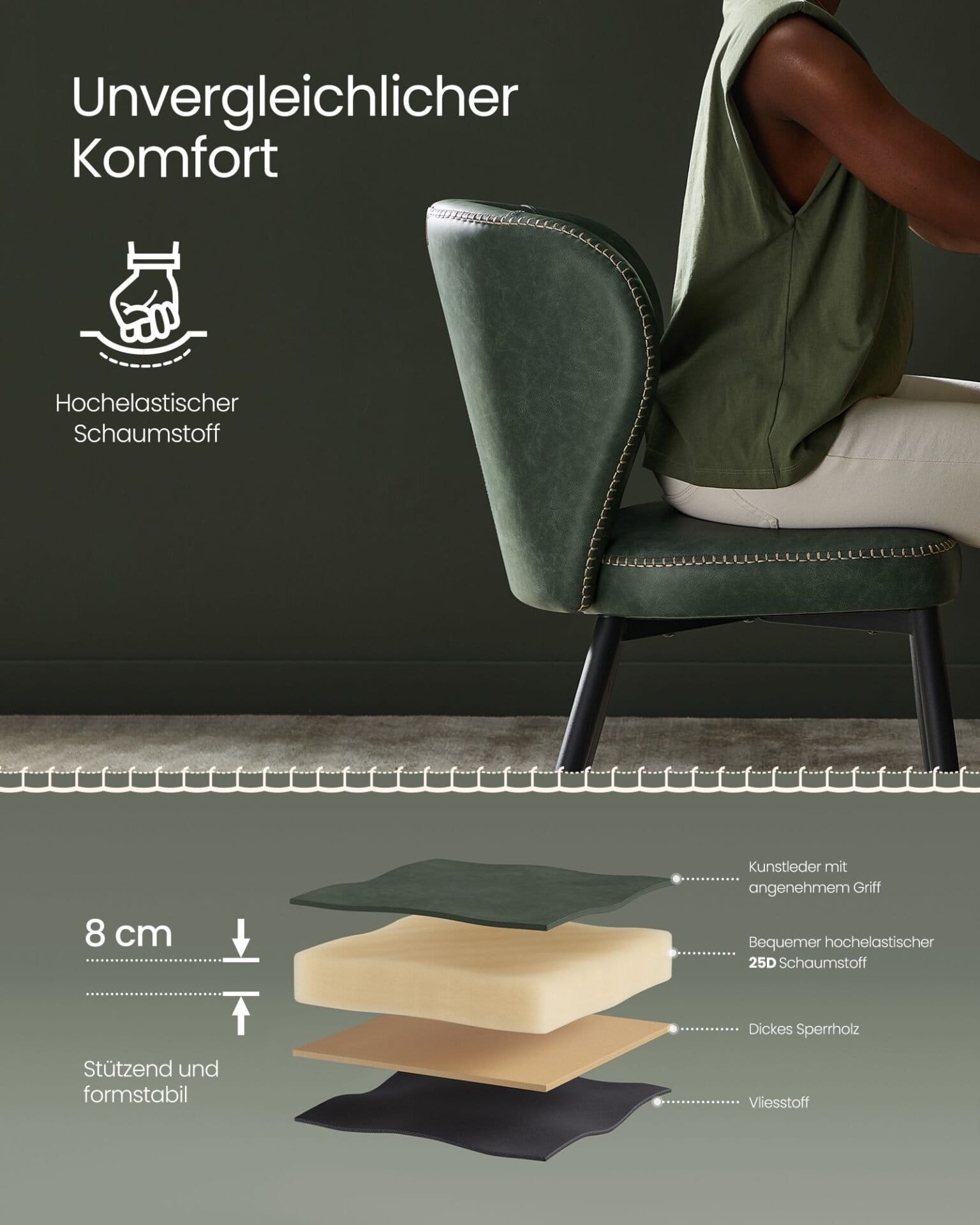 VASAGLE EKHO Collection - Dining Chair, Set of 2, Upholstered Kitchen Chair, PU with Stitching, Mid-Century Modern, Living Room, Reception Room, Restaurant, Forest Green LDC180C02 5 VASAGLE EKHO Collection - Dining Chair, Set of 2, Upholstered Kitchen Chair, PU with Stitching, Mid-Century Modern, Living Room, Reception Room, Restaurant, Forest Green LDC180C02 - Billede 5