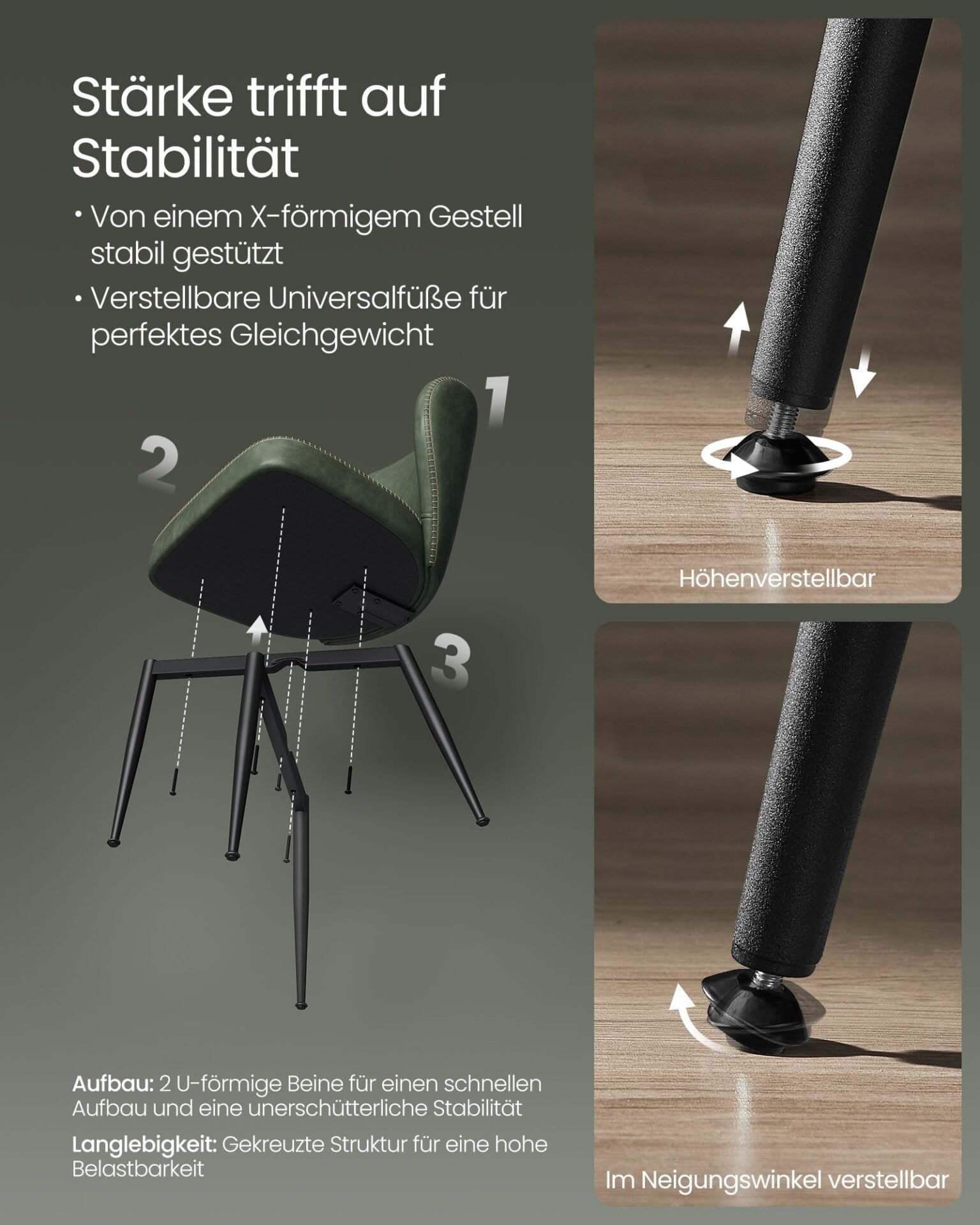 VASAGLE EKHO Collection - Dining Chair, Set of 2, Upholstered Kitchen Chair, PU with Stitching, Mid-Century Modern, Living Room, Reception Room, Restaurant, Forest Green LDC180C02 7 VASAGLE EKHO Collection - Dining Chair, Set of 2, Upholstered Kitchen Chair, PU with Stitching, Mid-Century Modern, Living Room, Reception Room, Restaurant, Forest Green LDC180C02 - Billede 7