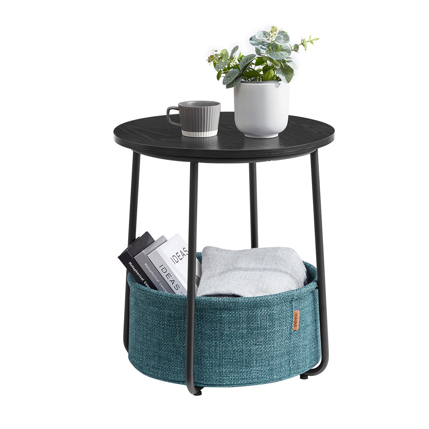 VASAGLE Side Table, Round End Table with Fabric Basket, Spacious, for Living Room Bedroom, Bedside Table, Modern Style, Black with Wood Grain and Dark Turquoise LET223B56 3 VASAGLE Side Table, Round End Table with Fabric Basket, Spacious, for Living Room Bedroom, Bedside Table, Modern Style, Black with Wood Grain and Dark Turquoise LET223B56 - Billede 3