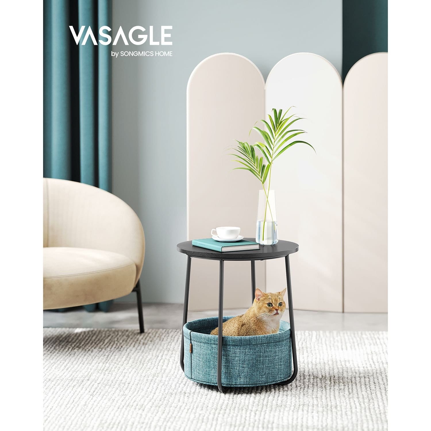 VASAGLE Side Table, Round End Table with Fabric Basket, Spacious, for Living Room Bedroom, Bedside Table, Modern Style, Black with Wood Grain and Dark Turquoise LET223B56 2 VASAGLE Side Table, Round End Table with Fabric Basket, Spacious, for Living Room Bedroom, Bedside Table, Modern Style, Black with Wood Grain and Dark Turquoise LET223B56 - Billede 2