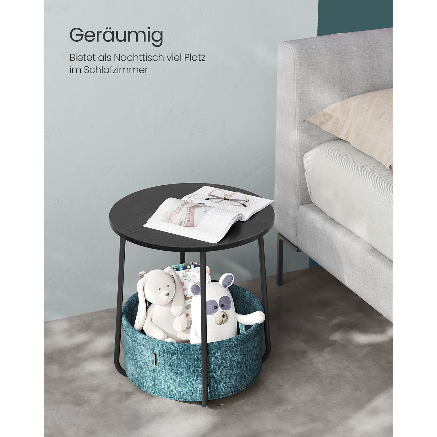 VASAGLE Side Table, Round End Table with Fabric Basket, Spacious, for Living Room Bedroom, Bedside Table, Modern Style, Black with Wood Grain and Dark Turquoise LET223B56 4 VASAGLE Side Table, Round End Table with Fabric Basket, Spacious, for Living Room Bedroom, Bedside Table, Modern Style, Black with Wood Grain and Dark Turquoise LET223B56 - Billede 4