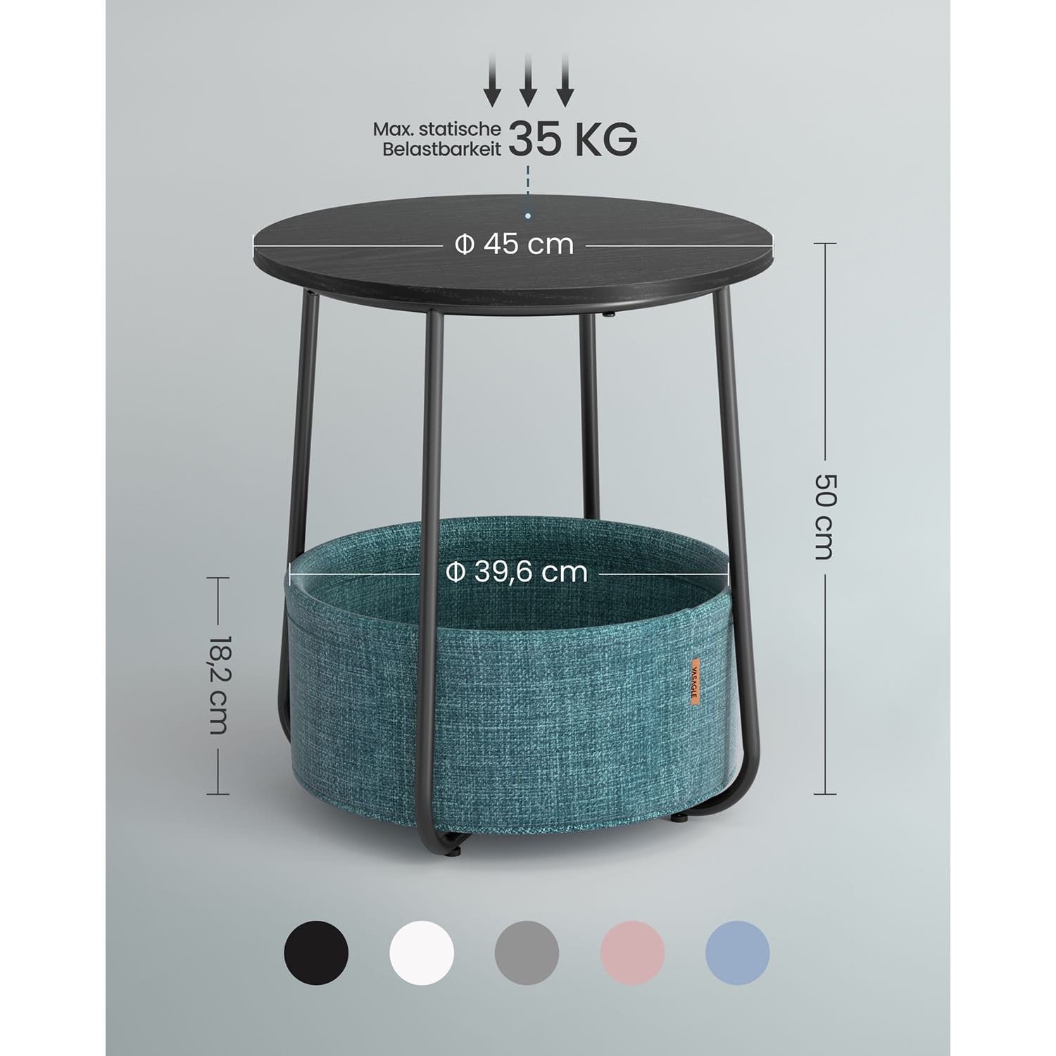VASAGLE Side Table, Round End Table with Fabric Basket, Spacious, for Living Room Bedroom, Bedside Table, Modern Style, Black with Wood Grain and Dark Turquoise LET223B56 5 VASAGLE Side Table, Round End Table with Fabric Basket, Spacious, for Living Room Bedroom, Bedside Table, Modern Style, Black with Wood Grain and Dark Turquoise LET223B56 - Billede 5
