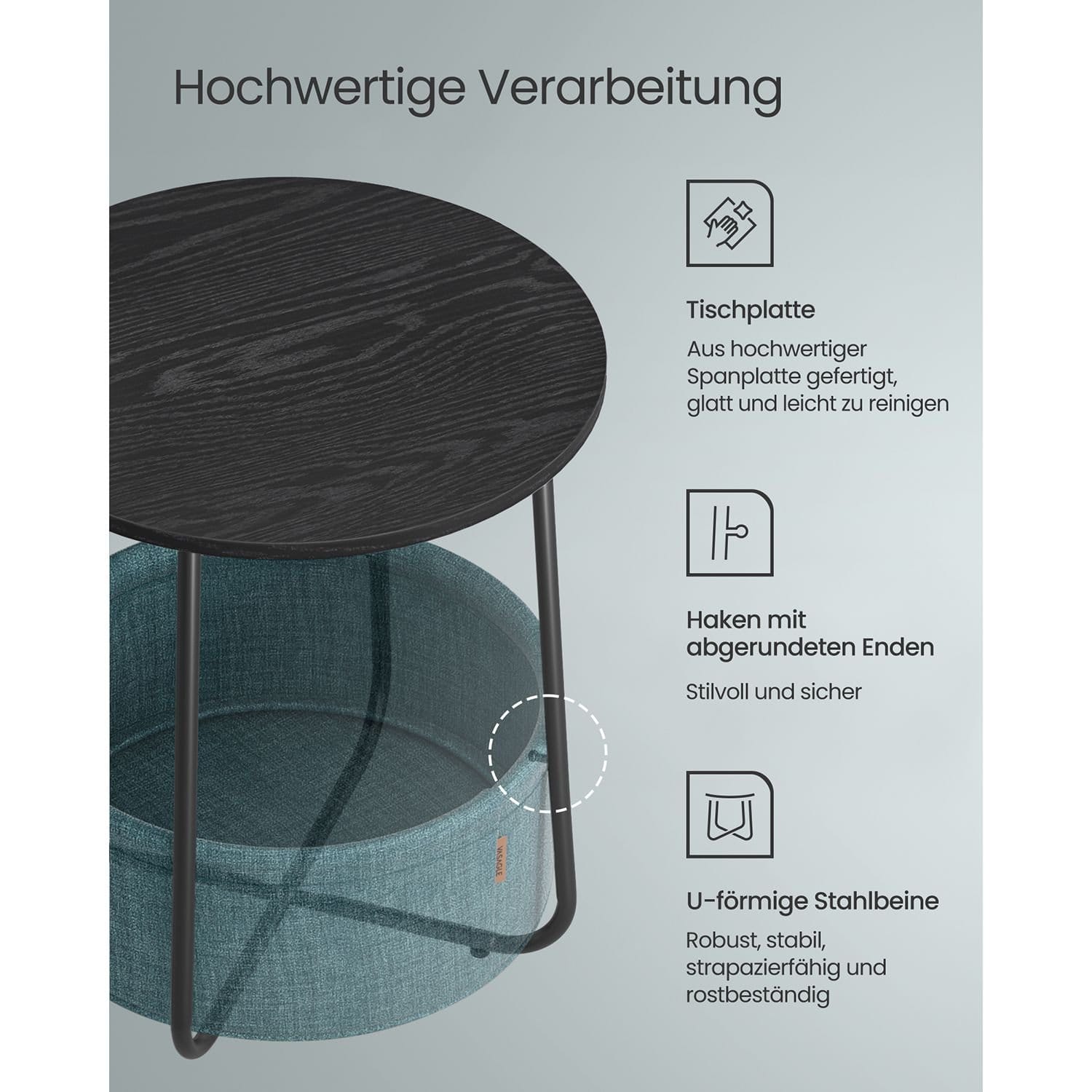 VASAGLE Side Table, Round End Table with Fabric Basket, Spacious, for Living Room Bedroom, Bedside Table, Modern Style, Black with Wood Grain and Dark Turquoise LET223B56 6 VASAGLE Side Table, Round End Table with Fabric Basket, Spacious, for Living Room Bedroom, Bedside Table, Modern Style, Black with Wood Grain and Dark Turquoise LET223B56 - Billede 6