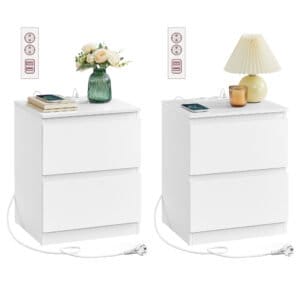 Natborde med stikdåse, sæt med 2 sideborde, 2 AC-stik, 2 USB-A-porte, hvid